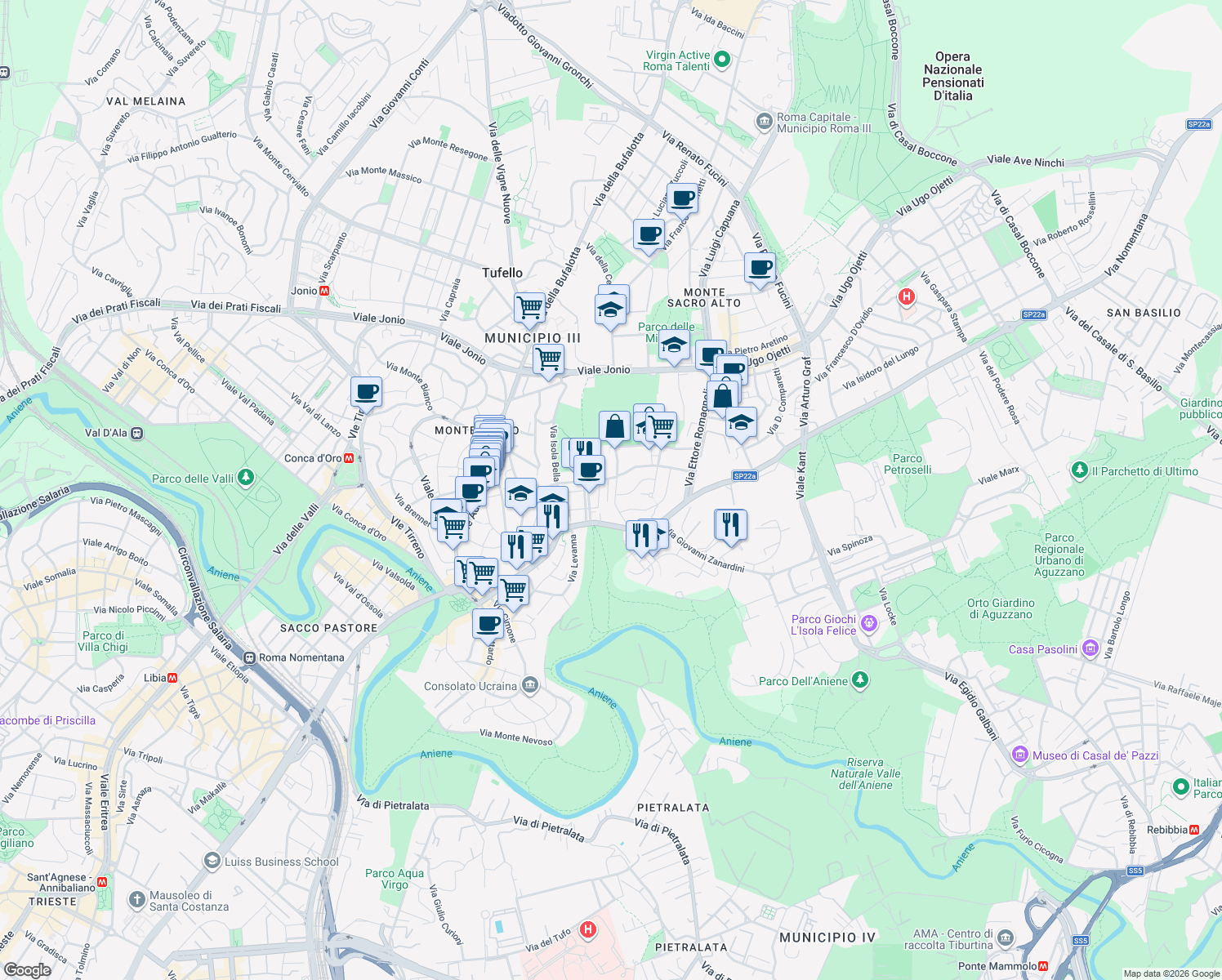 map of restaurants, bars, coffee shops, grocery stores, and more near 20 Via Emilio de Marchi in Roma