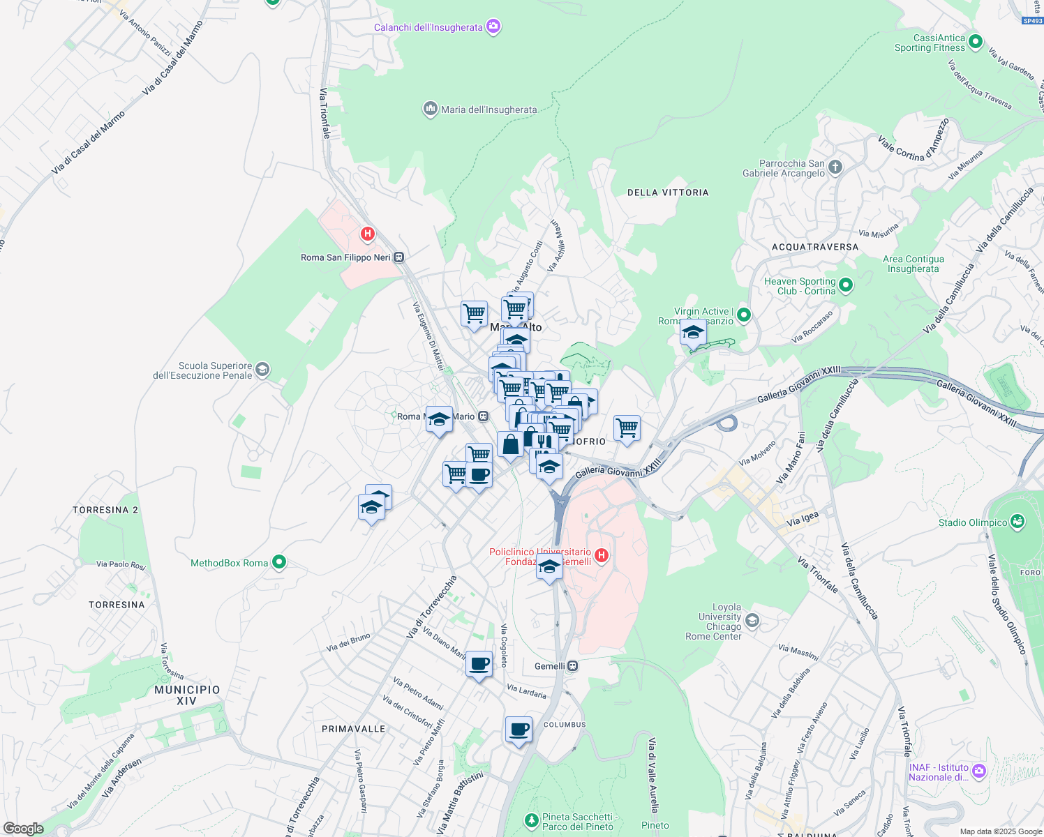 map of restaurants, bars, coffee shops, grocery stores, and more near 2 Via dell'Acquedotto del Peschiera in Roma