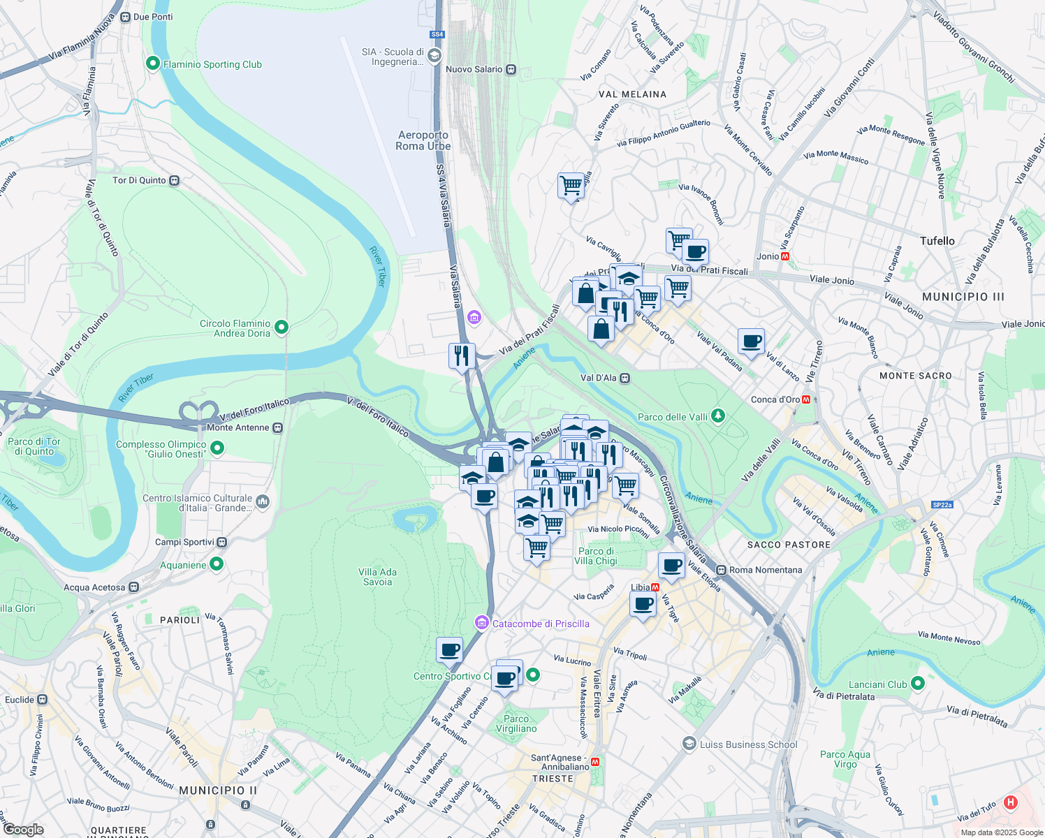map of restaurants, bars, coffee shops, grocery stores, and more near 15 Via del Prato della Signora in Roma