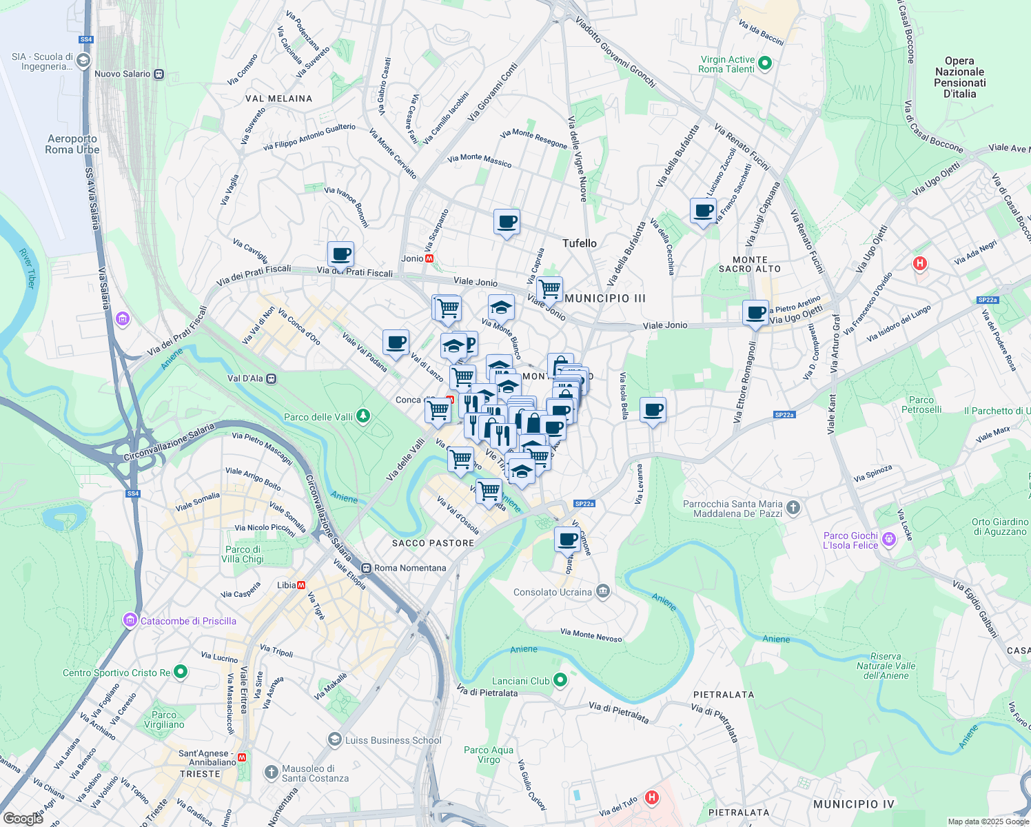 map of restaurants, bars, coffee shops, grocery stores, and more near 18 Viale Carnaro in Roma