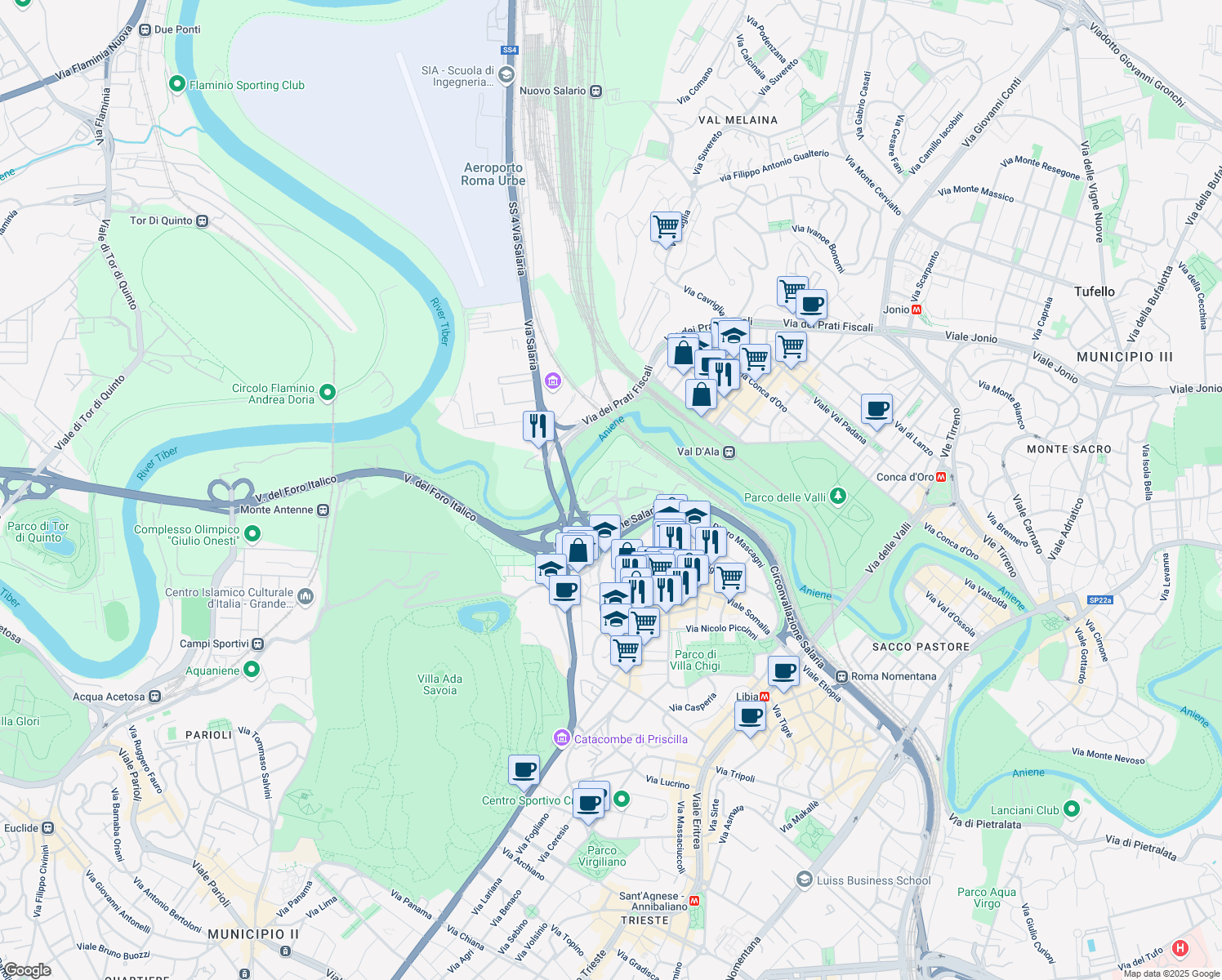 map of restaurants, bars, coffee shops, grocery stores, and more near 15 Via del Prato della Signora in Roma