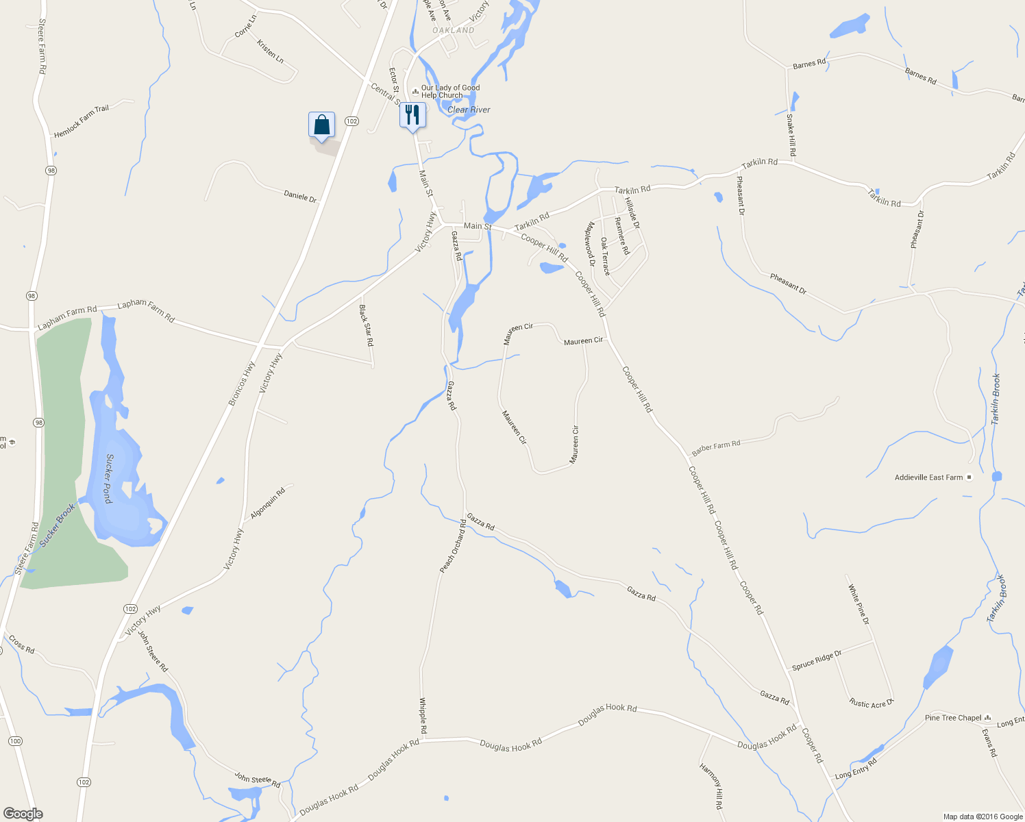 map of restaurants, bars, coffee shops, grocery stores, and more near 330 Maureen Circle in Burrillville