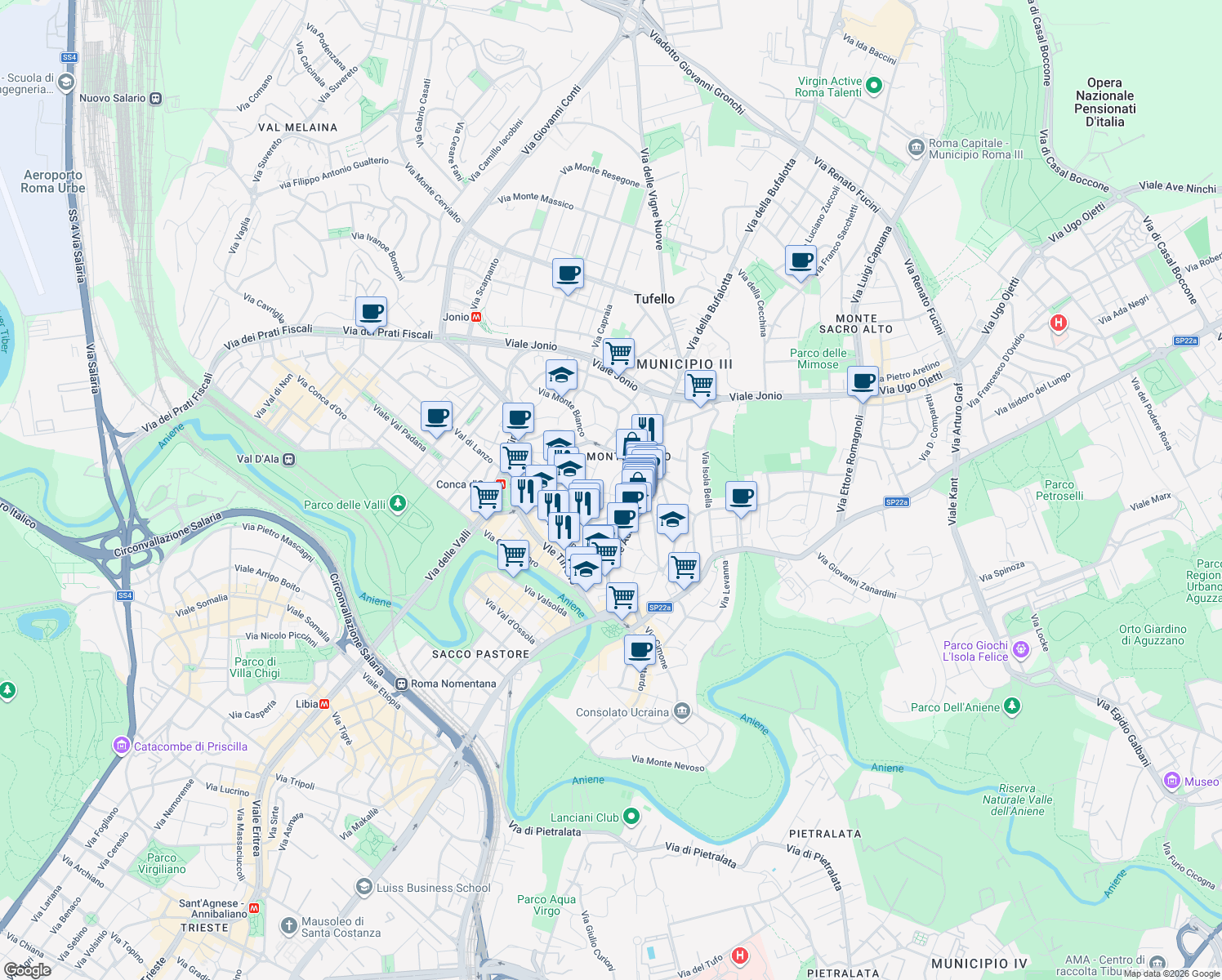 map of restaurants, bars, coffee shops, grocery stores, and more near 1 Via Col di Tenda in Rome