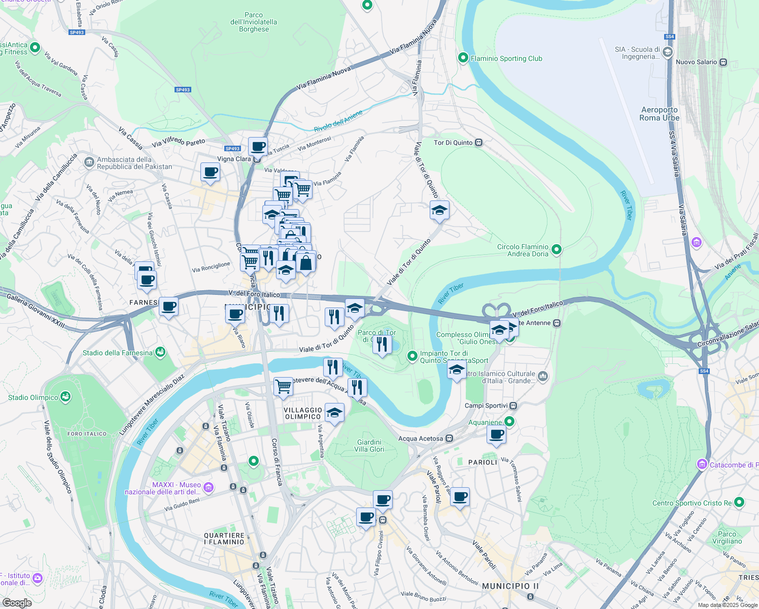 map of restaurants, bars, coffee shops, grocery stores, and more near Via del Foro Italico in Roma
