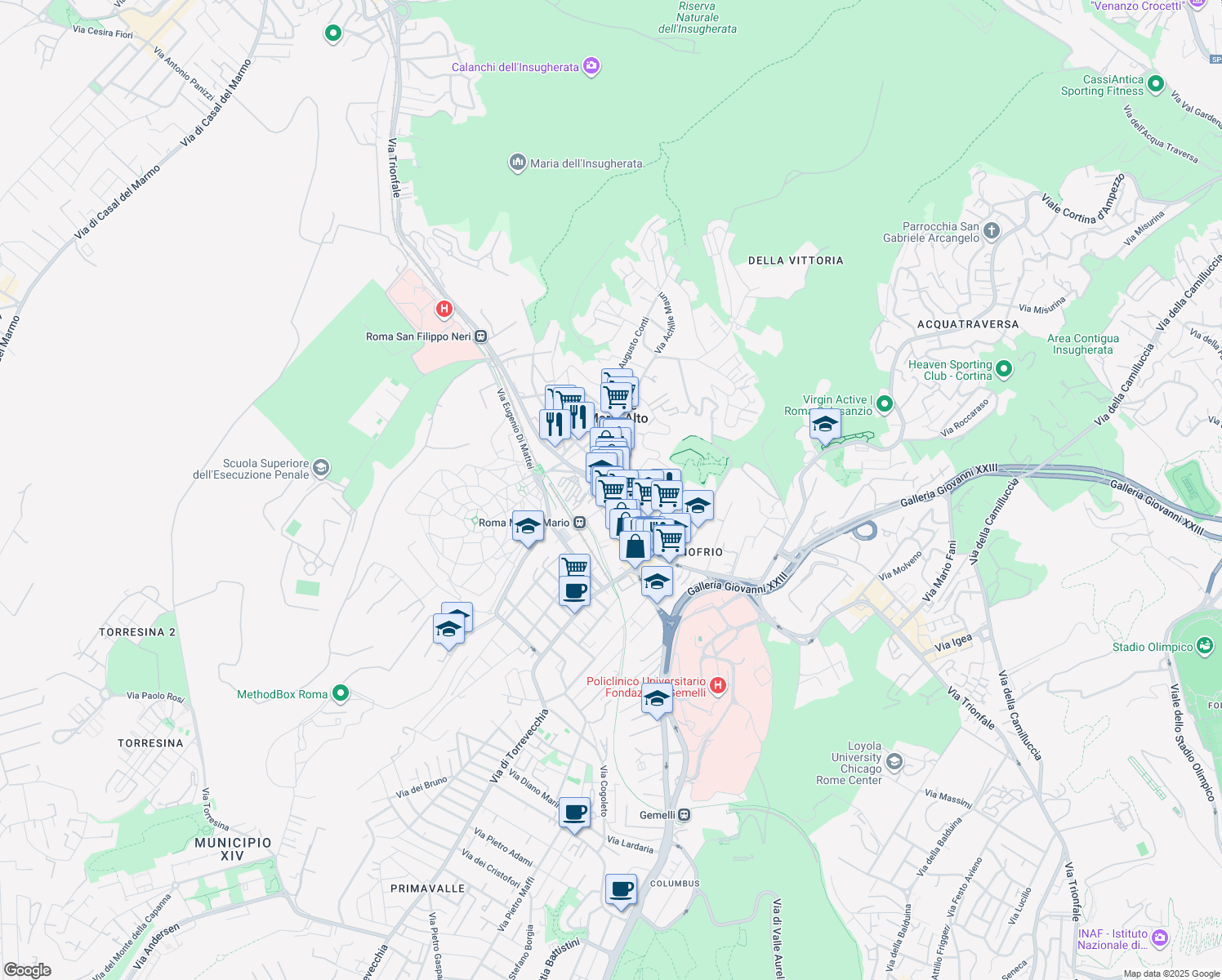 map of restaurants, bars, coffee shops, grocery stores, and more near 2 Via dell'Acquedotto del Peschiera in Roma