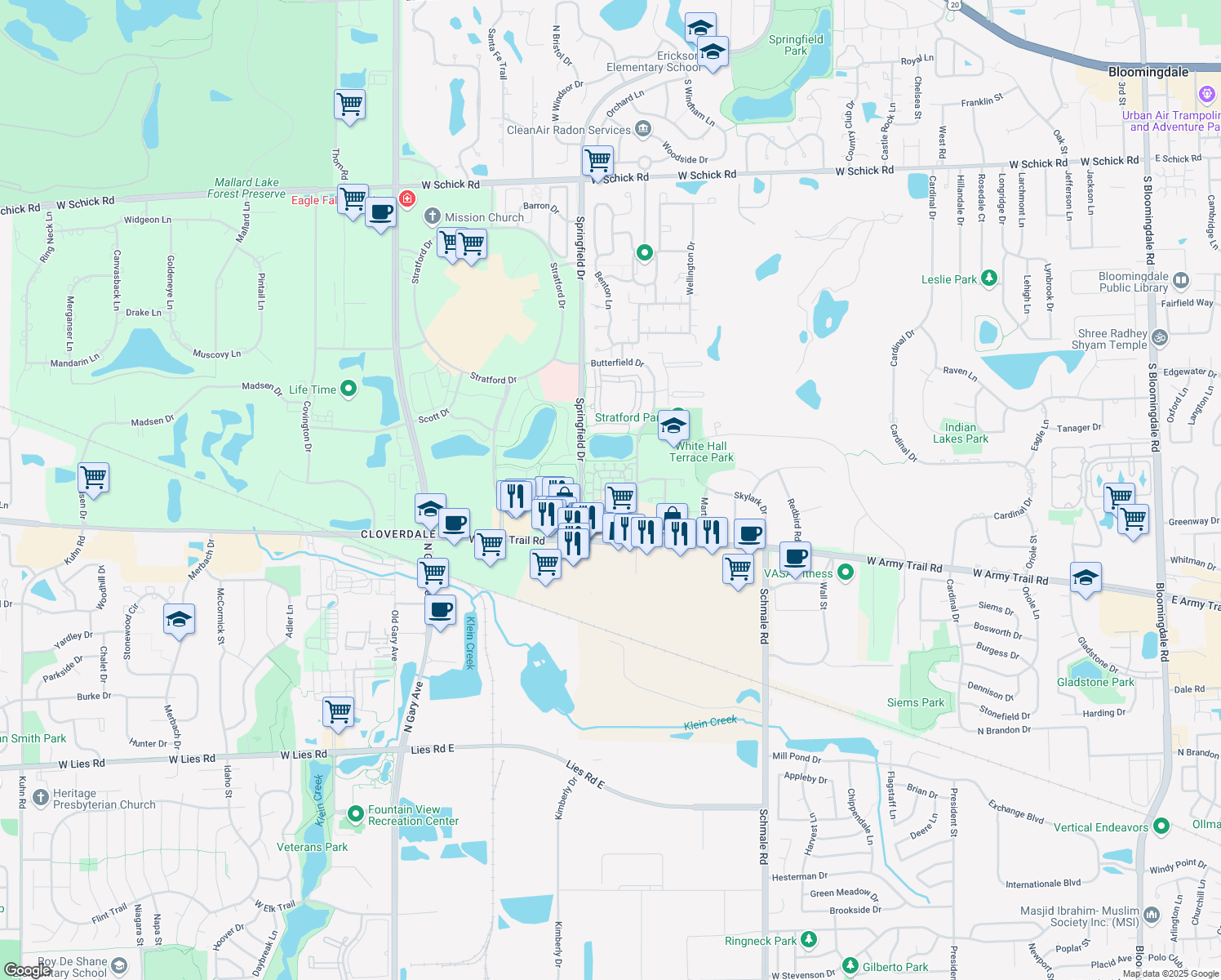 map of restaurants, bars, coffee shops, grocery stores, and more near 492 Vinings Drive in Bloomingdale