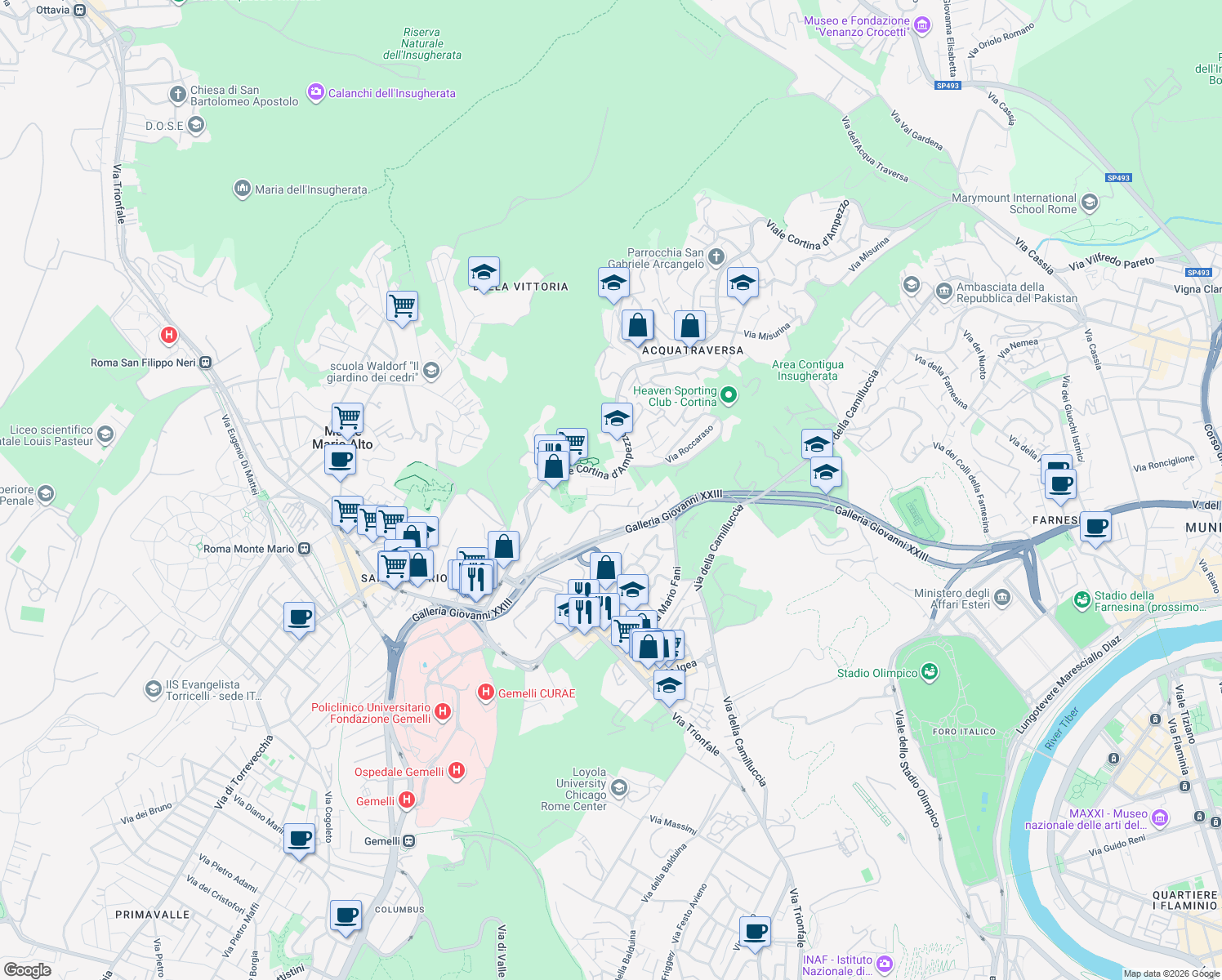 map of restaurants, bars, coffee shops, grocery stores, and more near 8 Via Saint Vincent in Rome
