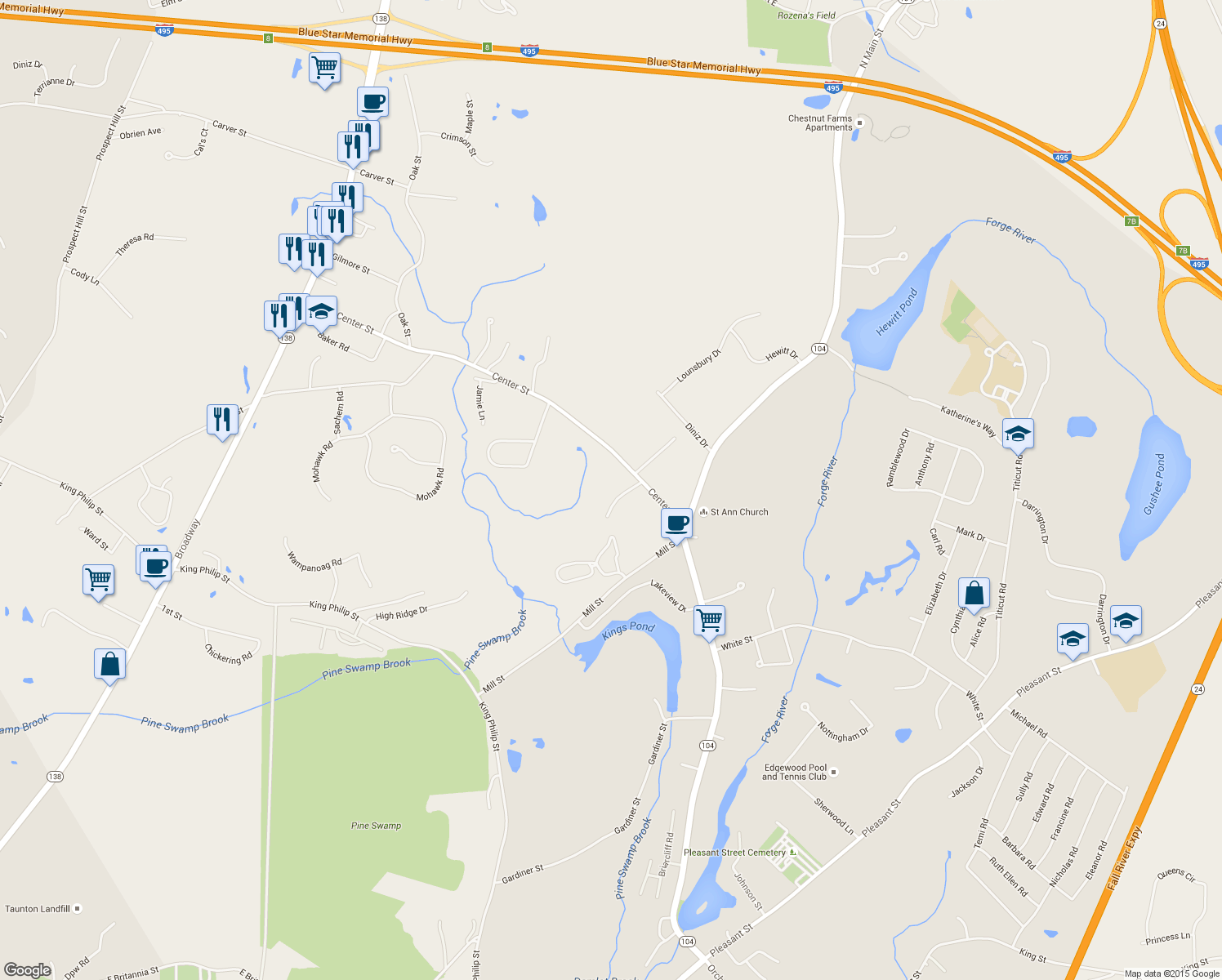 map of restaurants, bars, coffee shops, grocery stores, and more near 41 Rose Terrace in Raynham