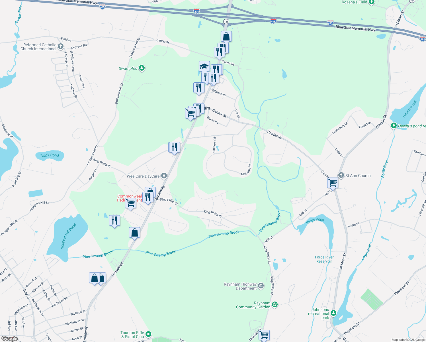 map of restaurants, bars, coffee shops, grocery stores, and more near 19 Mohawk Rd in Raynham
