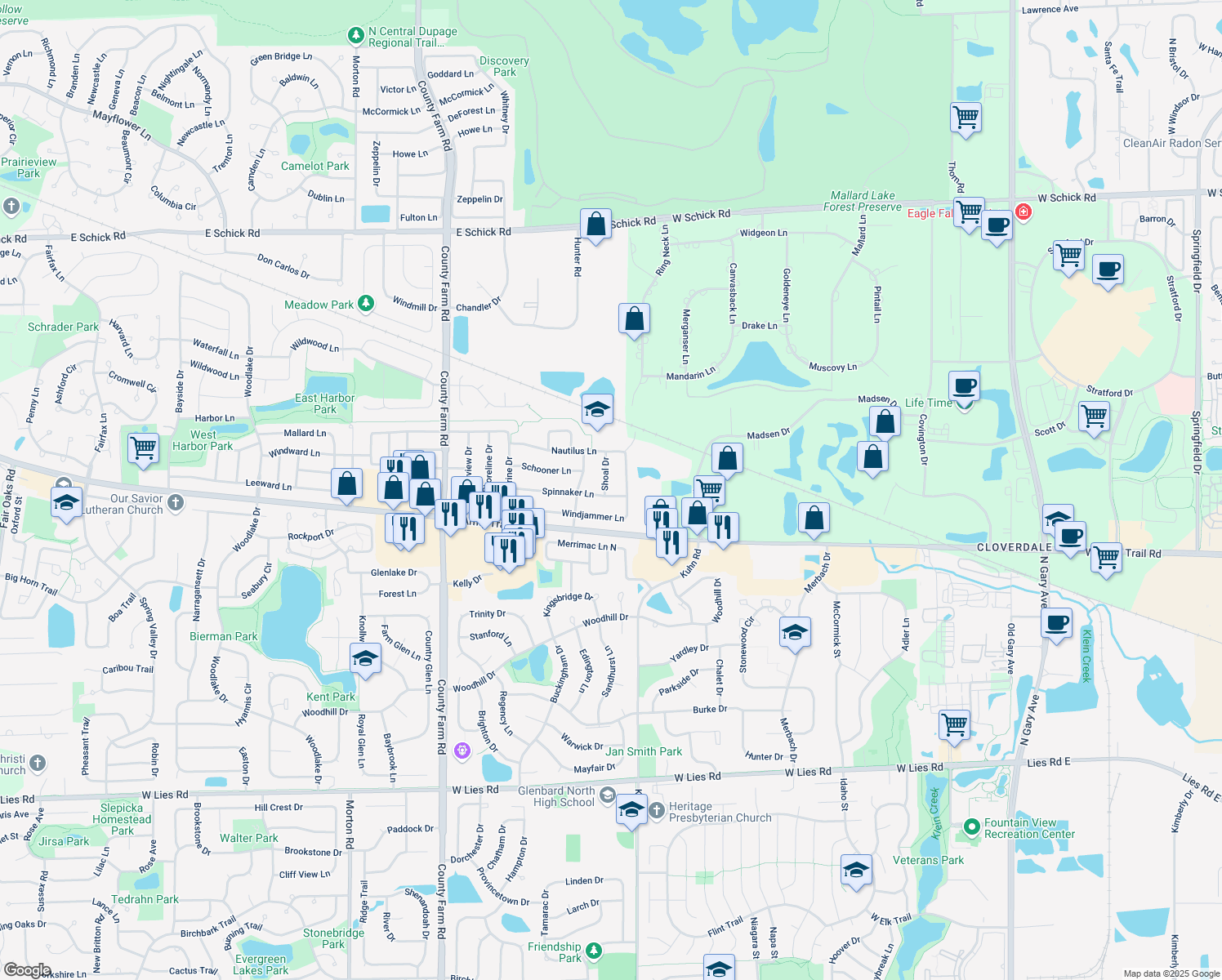 map of restaurants, bars, coffee shops, grocery stores, and more near 1310 Spinnaker Lane in Hanover Park