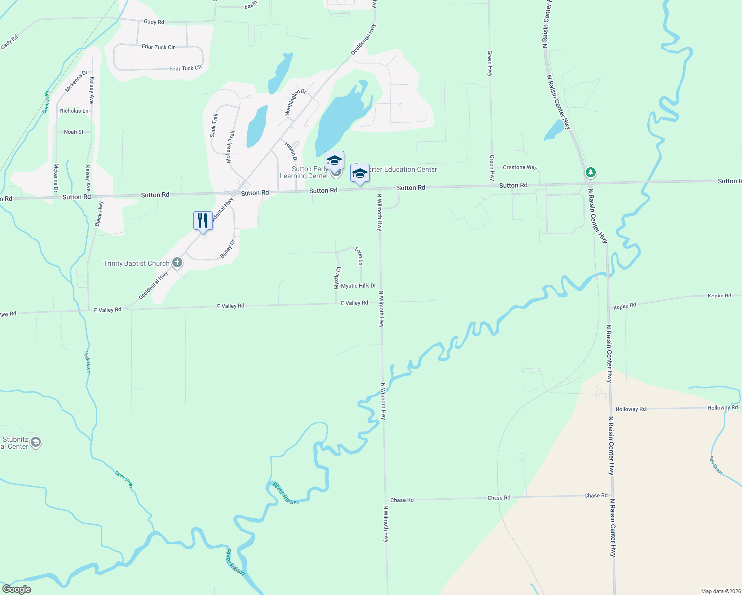 map of restaurants, bars, coffee shops, grocery stores, and more near 2948 E Valley Rd in Adrian