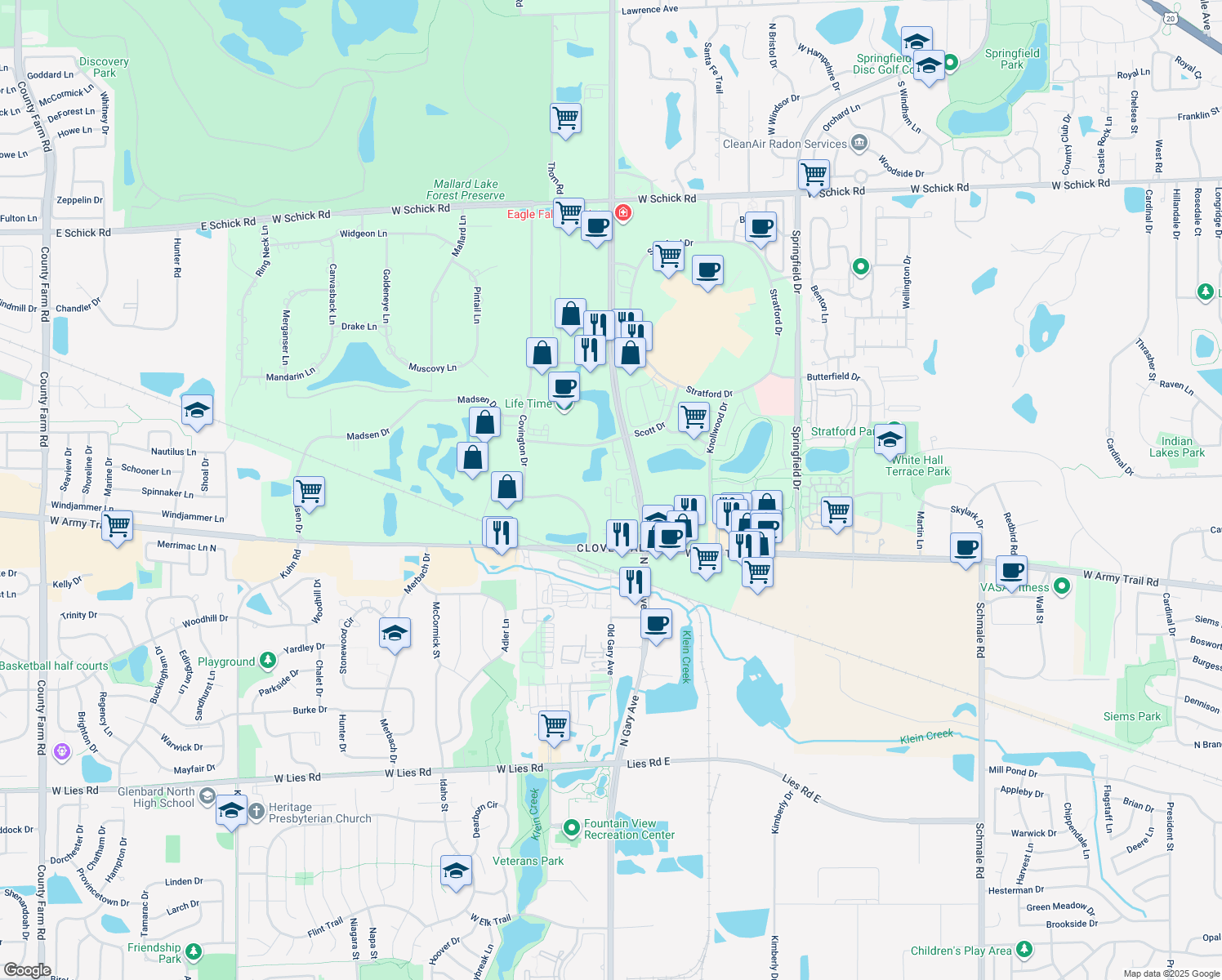 map of restaurants, bars, coffee shops, grocery stores, and more near 280 Old Gary Avenue in Bloomingdale