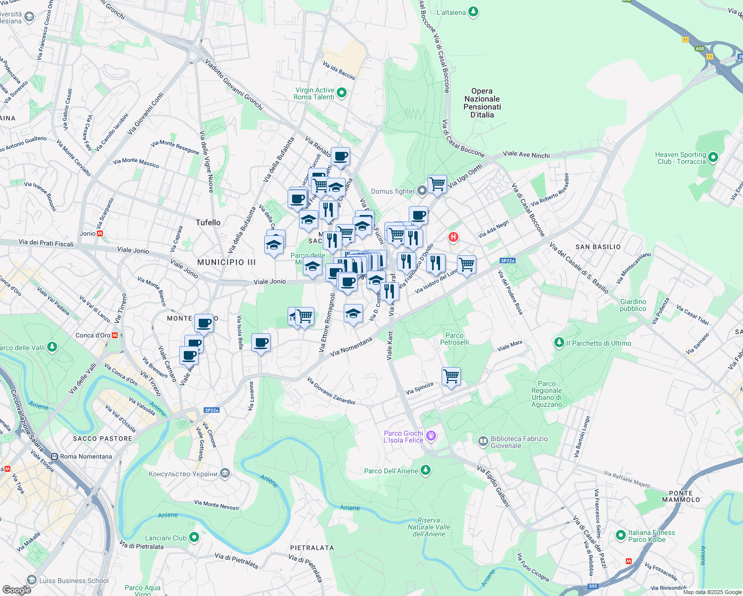 map of restaurants, bars, coffee shops, grocery stores, and more near 29 Via Enrico Panzacchi in Rome