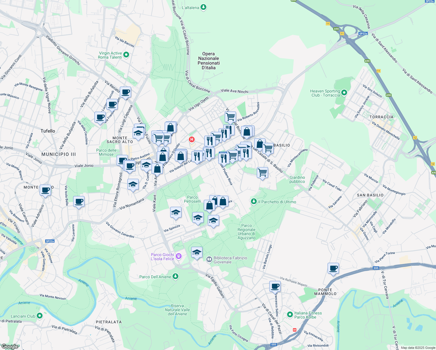 map of restaurants, bars, coffee shops, grocery stores, and more near 38 Via di Aguzzano in Rome