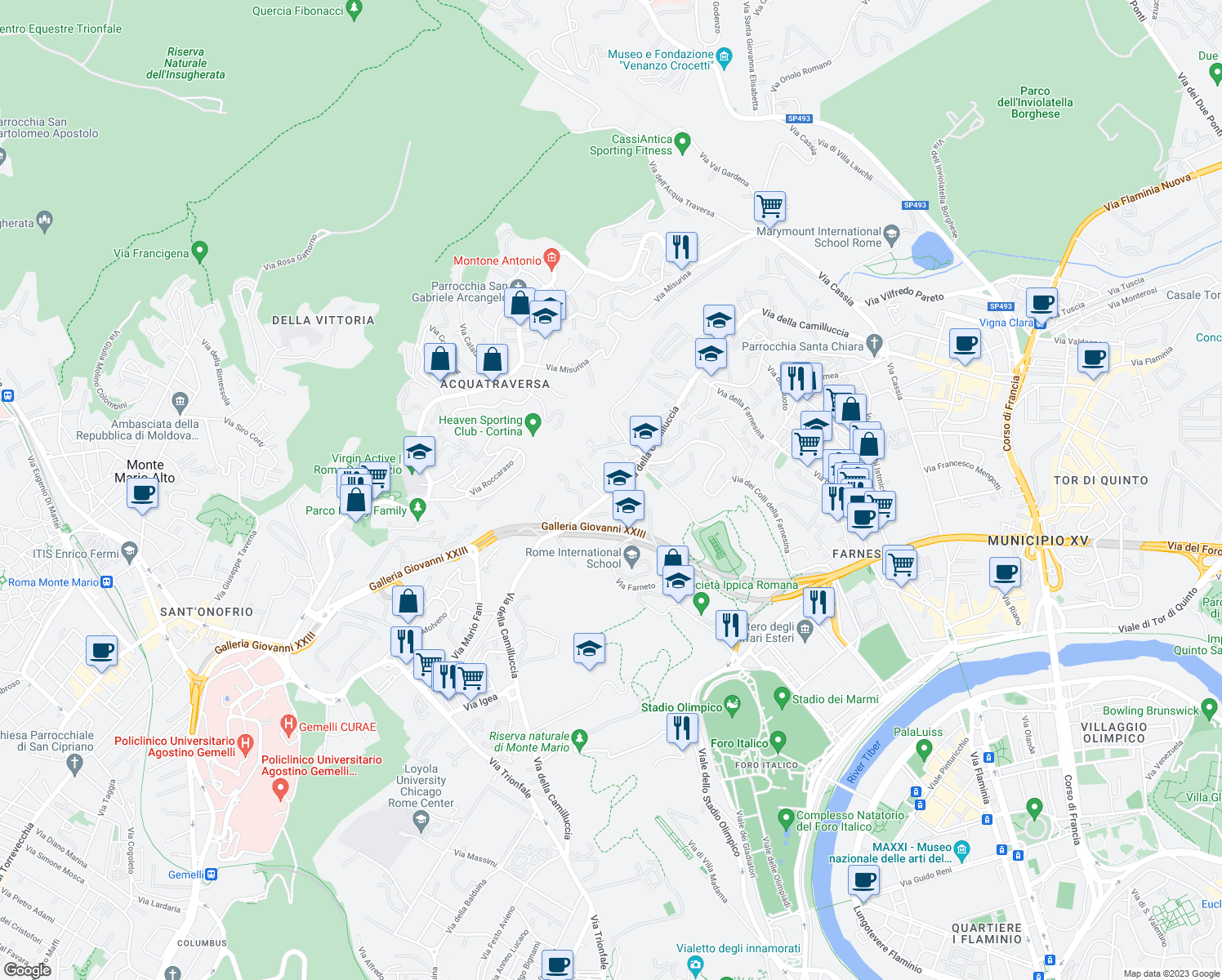 map of restaurants, bars, coffee shops, grocery stores, and more near 555 Via della Camilluccia in Roma