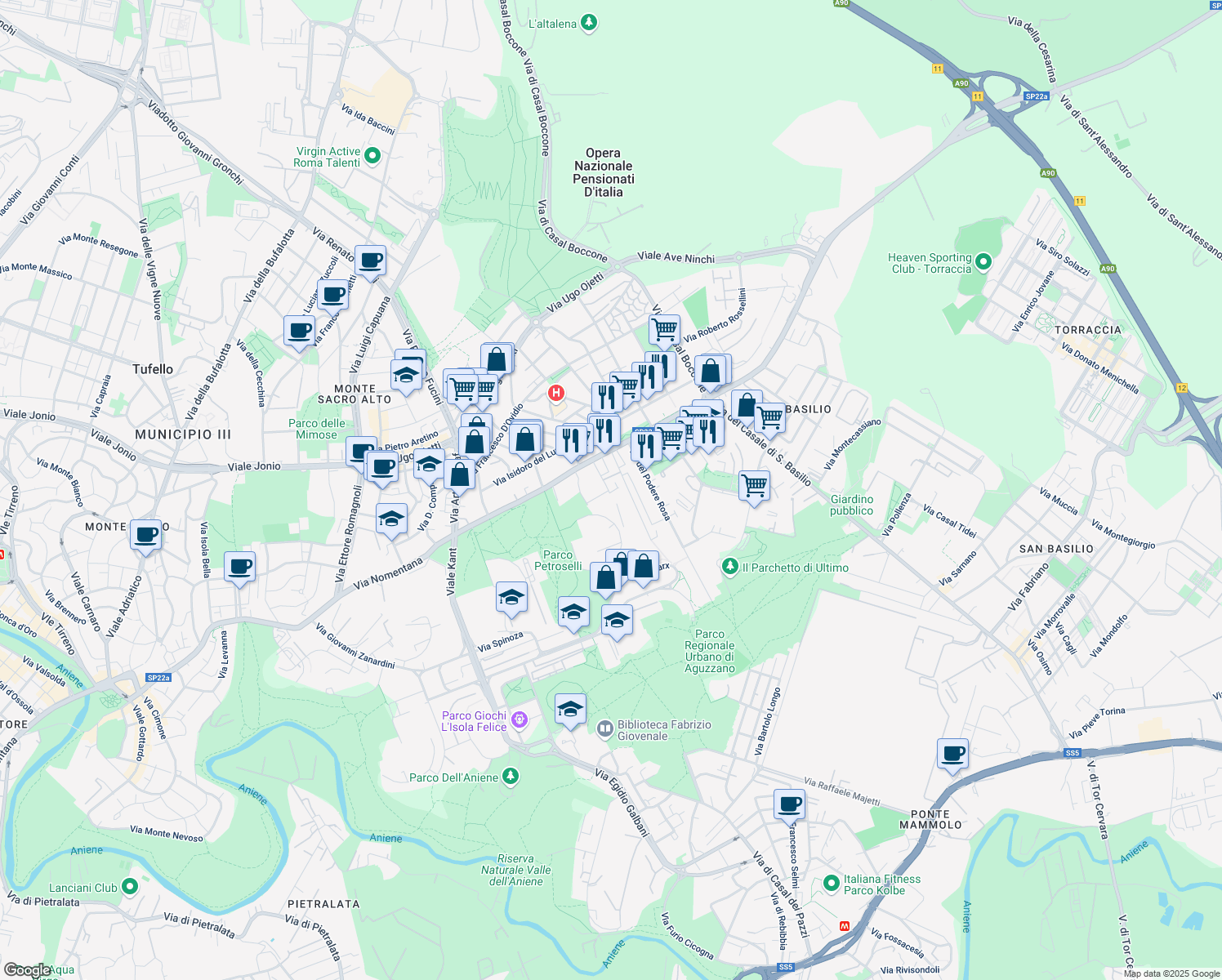 map of restaurants, bars, coffee shops, grocery stores, and more near 38 Via di Aguzzano in Roma