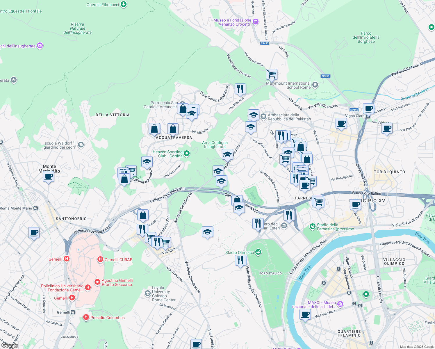 map of restaurants, bars, coffee shops, grocery stores, and more near 555 Via della Camilluccia in Roma