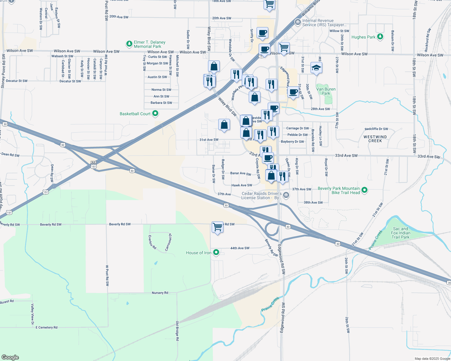 map of restaurants, bars, coffee shops, grocery stores, and more near 3609 Badger Dr SW in Cedar Rapids