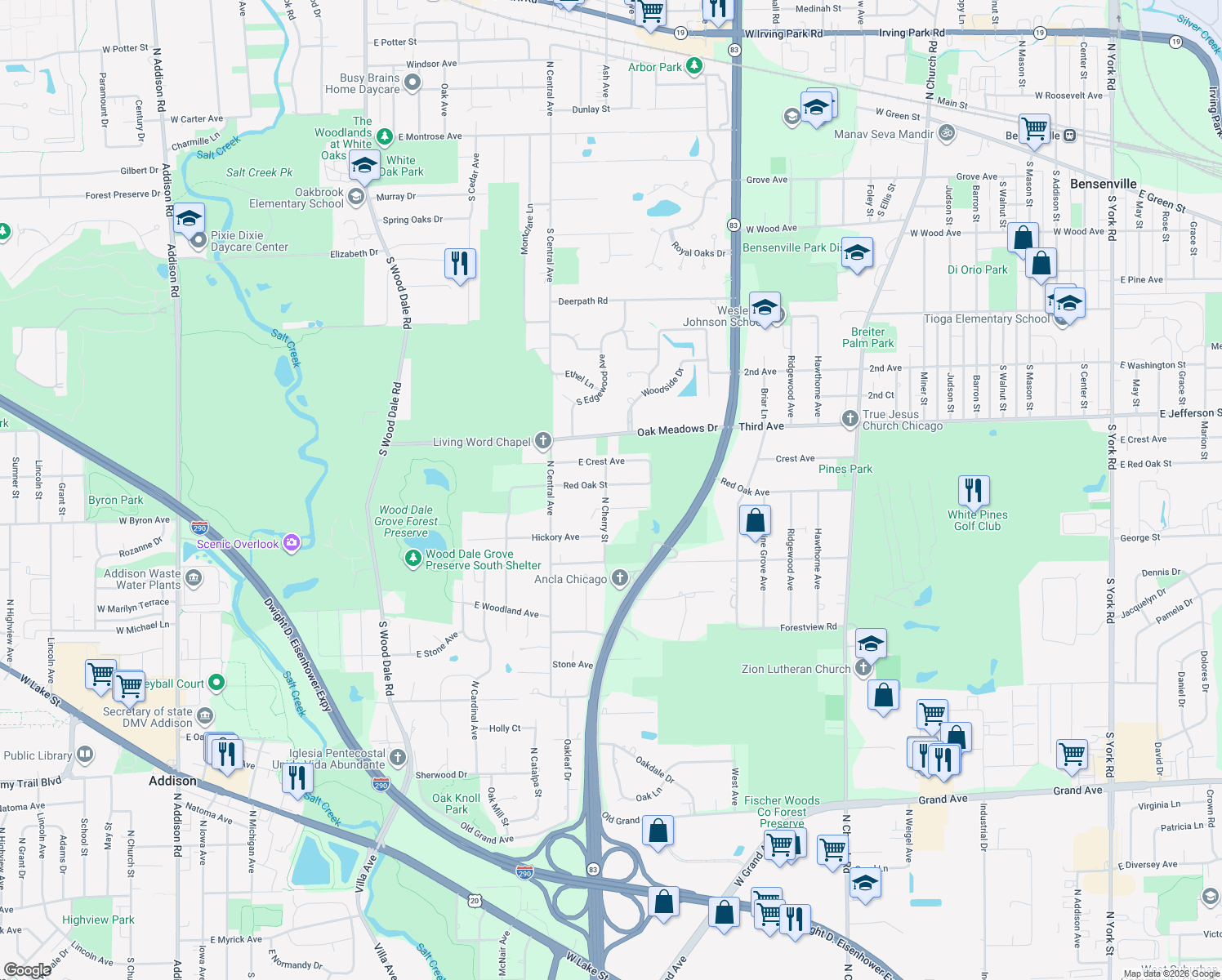 map of restaurants, bars, coffee shops, grocery stores, and more near 851 North Cherry Street in Addison