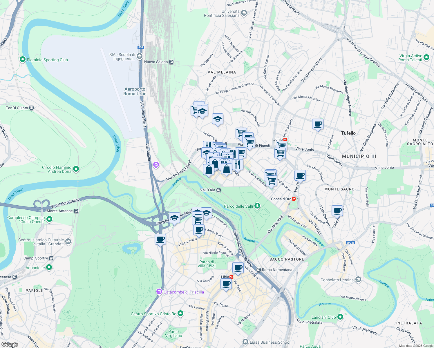 map of restaurants, bars, coffee shops, grocery stores, and more near 12 Largo Valsabbia in Roma