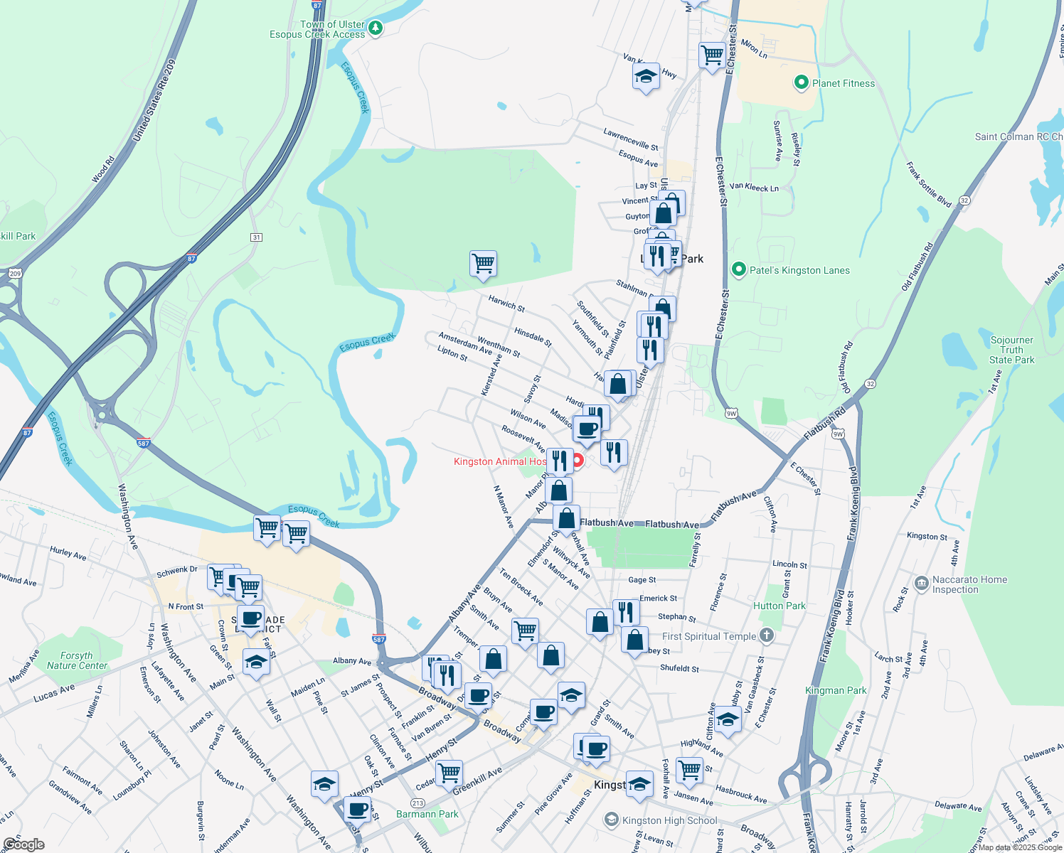 map of restaurants, bars, coffee shops, grocery stores, and more near 75 Wilson Ave in Kingston