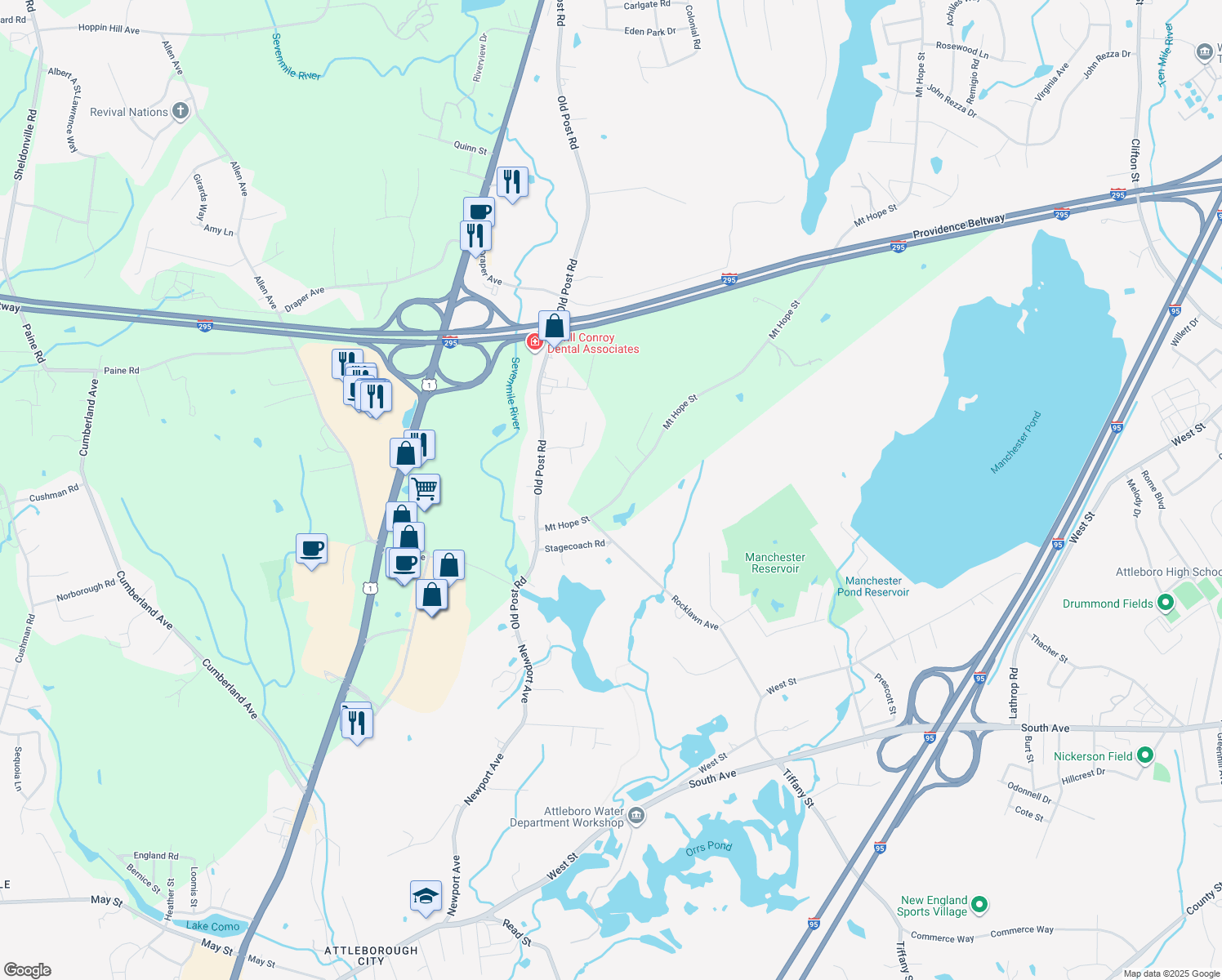 map of restaurants, bars, coffee shops, grocery stores, and more near 32 Mount Hope Street in North Attleborough