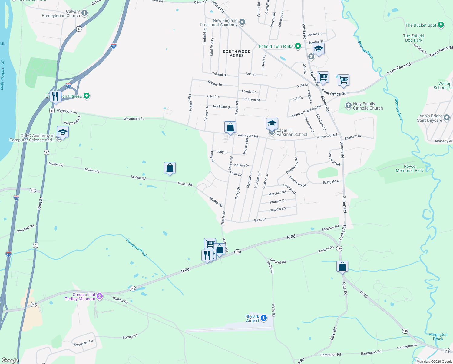 map of restaurants, bars, coffee shops, grocery stores, and more near 11 Carriage House in Enfield