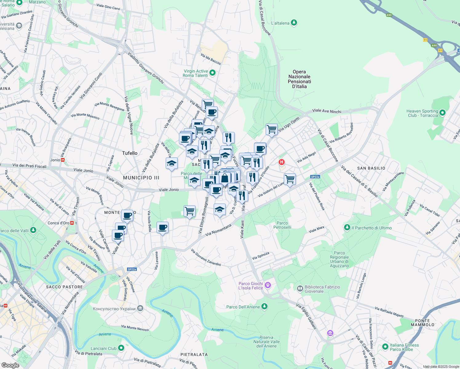 map of restaurants, bars, coffee shops, grocery stores, and more near 91 Via Ugo Ojetti in Rome