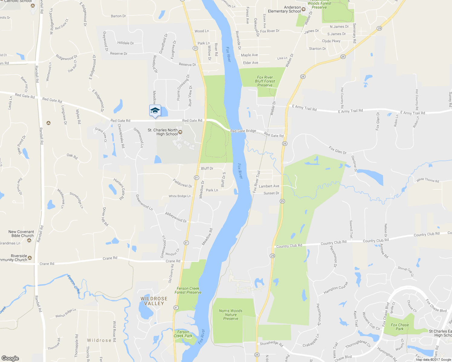 map of restaurants, bars, coffee shops, grocery stores, and more near 5N187 Bluff Drive South in St. Charles