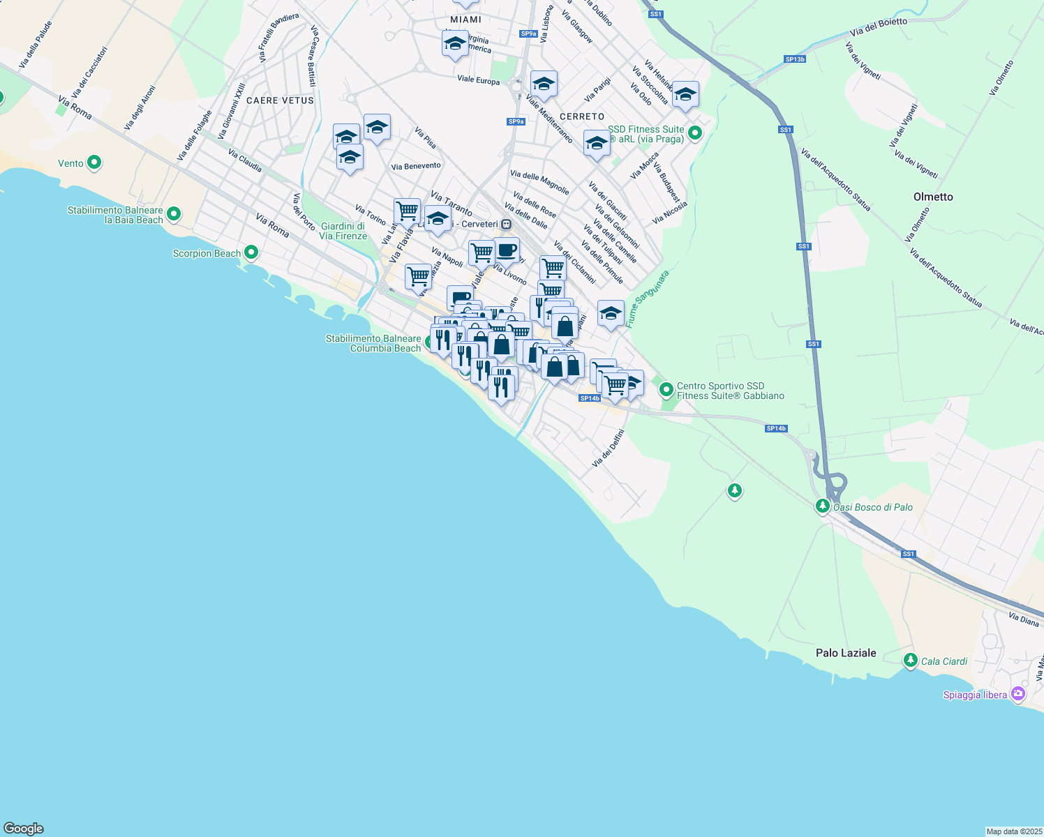 map of restaurants, bars, coffee shops, grocery stores, and more near 34 Via del Lavatore in Ladispoli