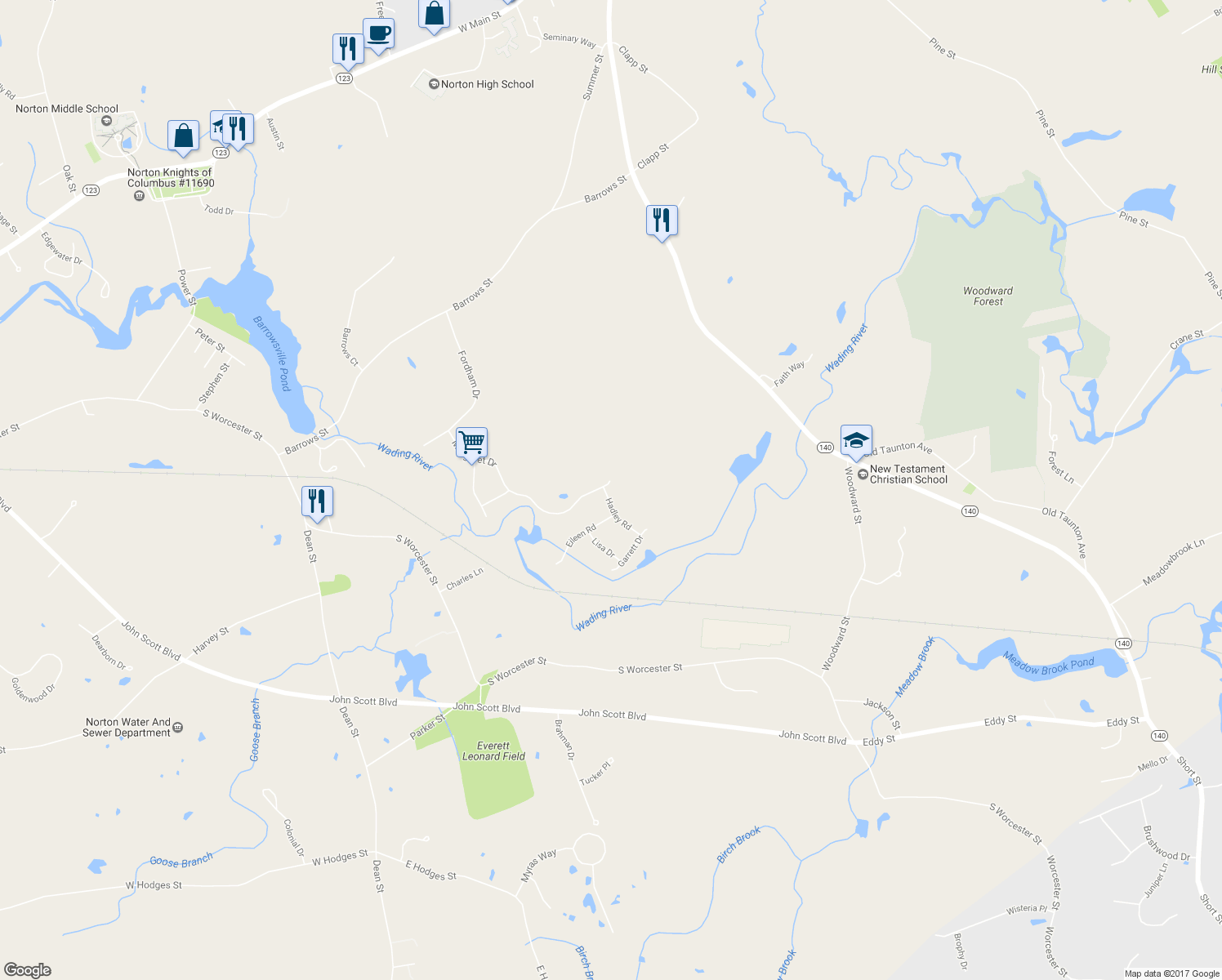 map of restaurants, bars, coffee shops, grocery stores, and more near 35 Margaret Drive in Norton