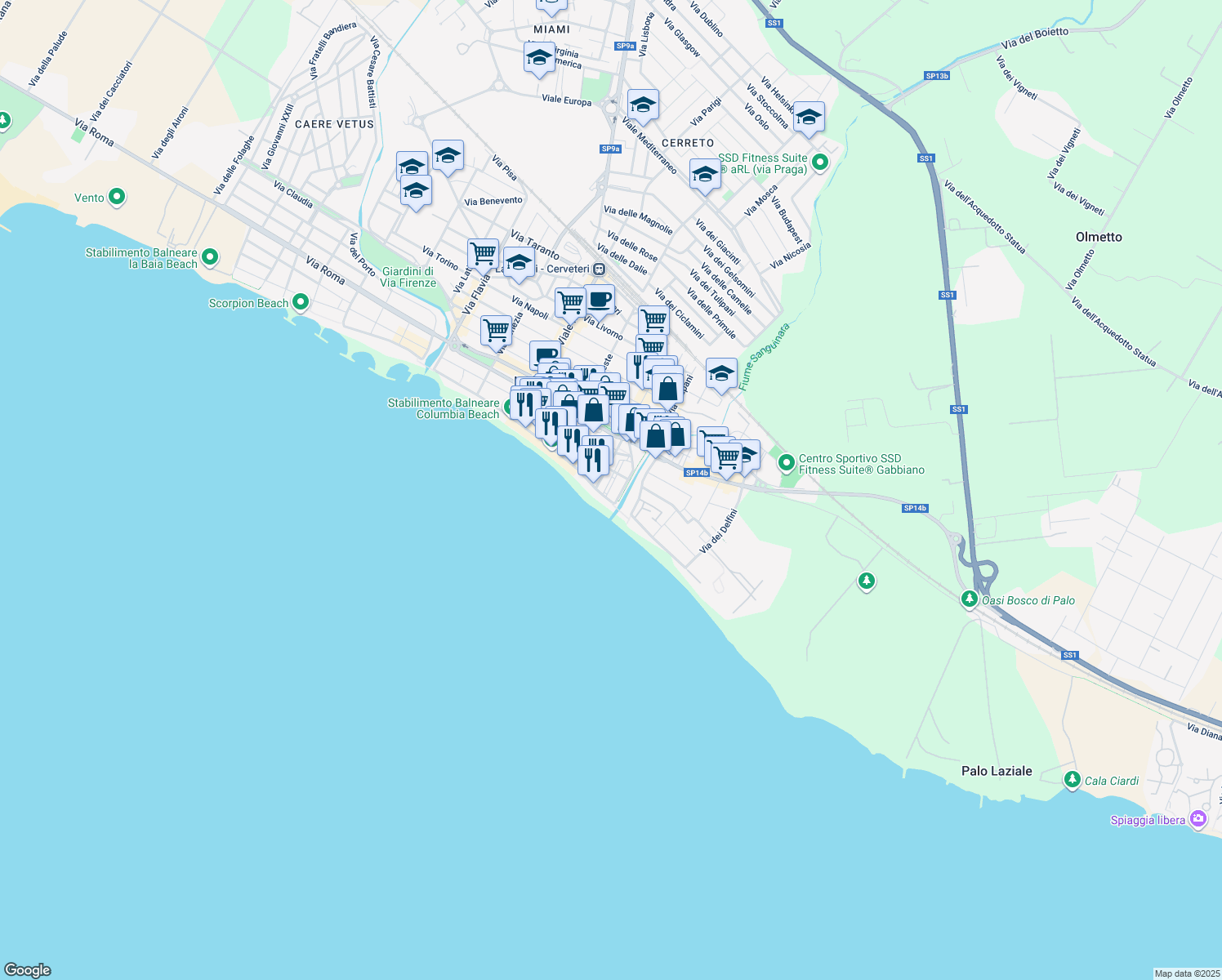 map of restaurants, bars, coffee shops, grocery stores, and more near 34 Via del Lavatore in Ladispoli