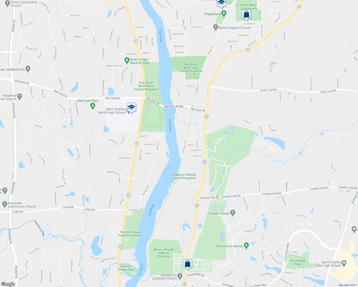map of restaurants, bars, coffee shops, grocery stores, and more near 5N184 Willow Lane in St. Charles