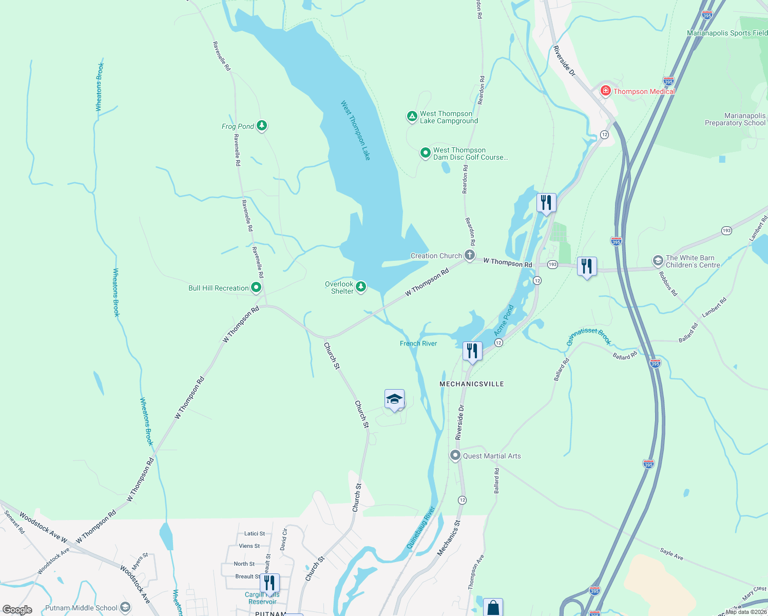 map of restaurants, bars, coffee shops, grocery stores, and more near West Thompson Road in Thompson