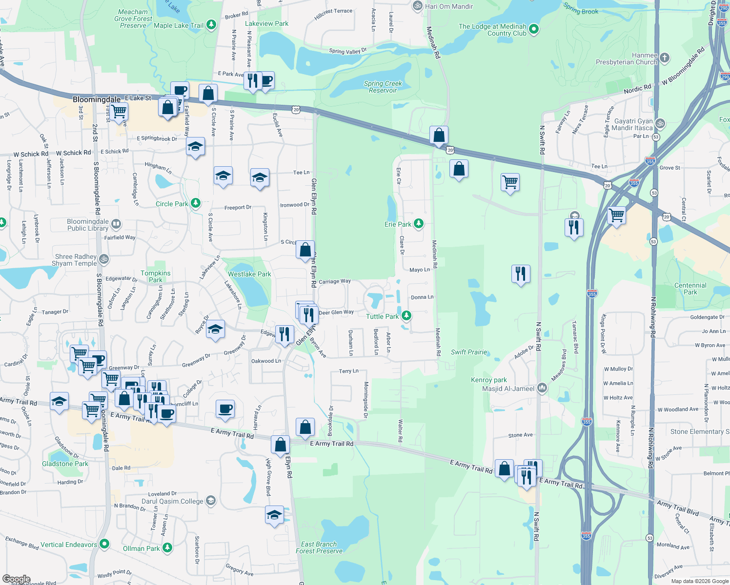 map of restaurants, bars, coffee shops, grocery stores, and more near 3 Willow Bridge Way in Bloomingdale