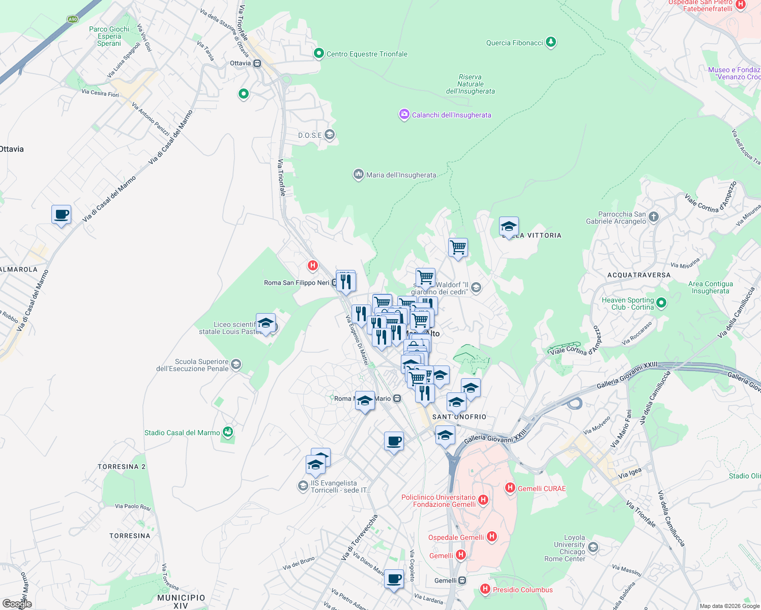 map of restaurants, bars, coffee shops, grocery stores, and more near 9 Via Del Colle di S. Agata in Rome