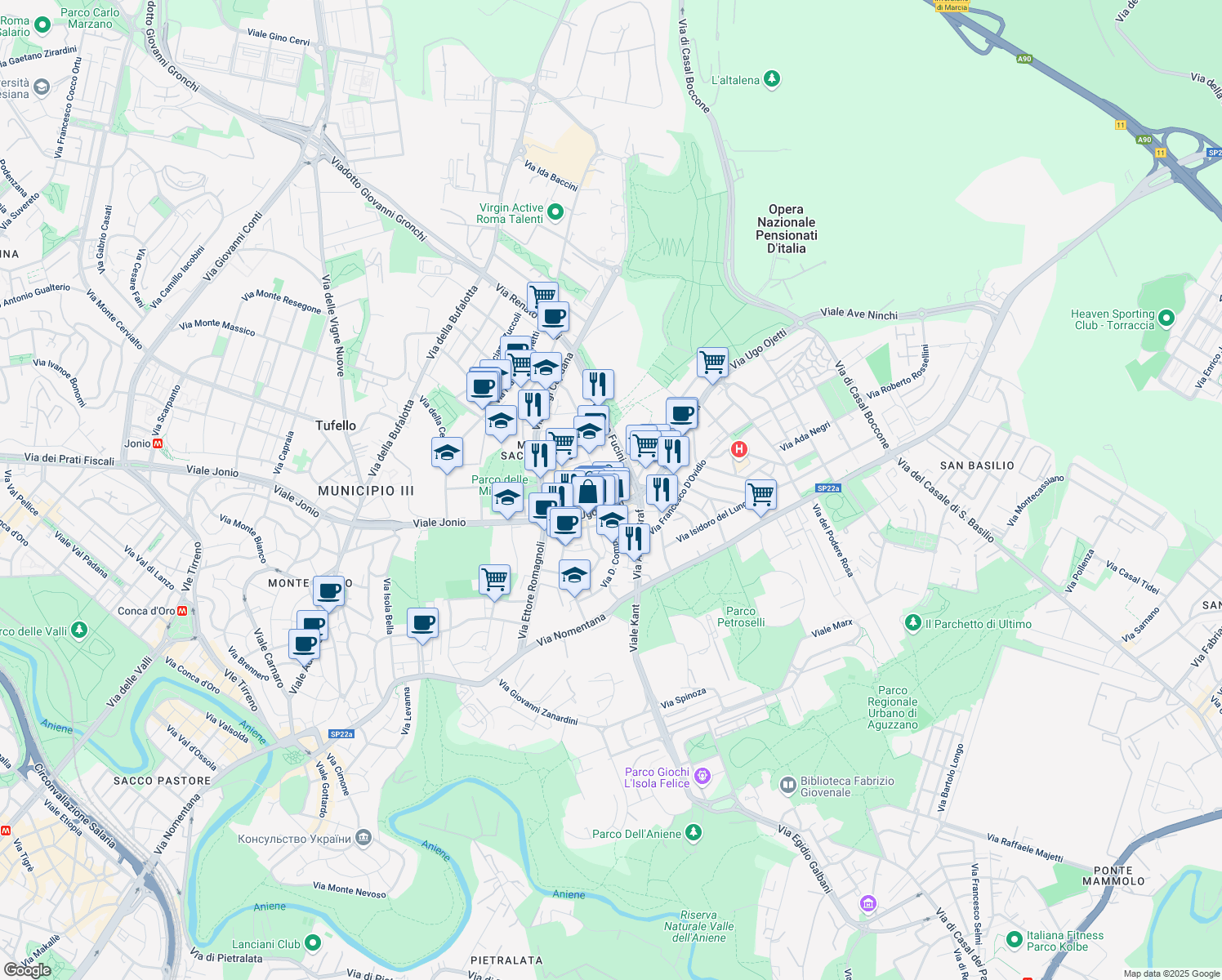 map of restaurants, bars, coffee shops, grocery stores, and more near 91 Via Ugo Ojetti in Rome