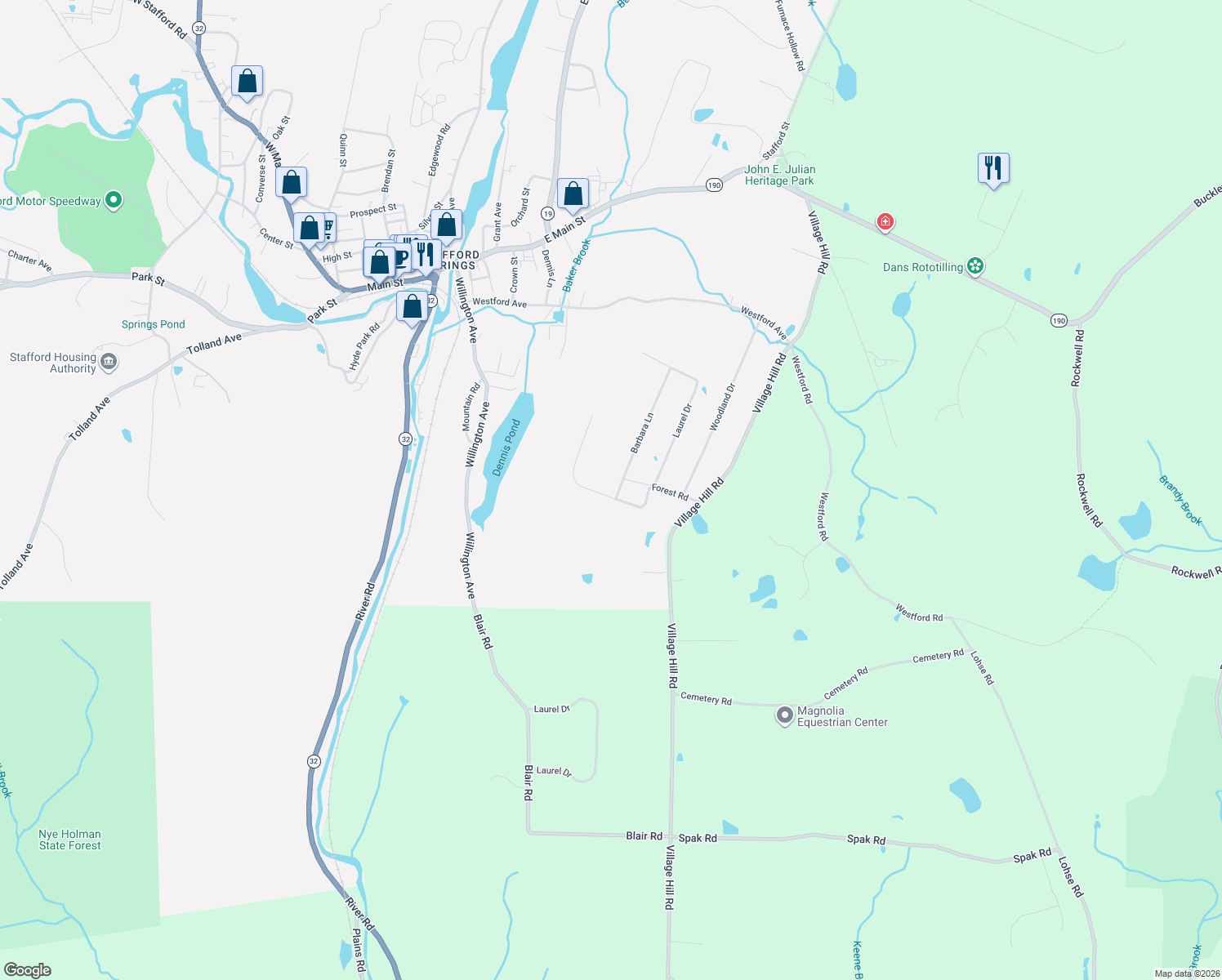 map of restaurants, bars, coffee shops, grocery stores, and more near 23 Forest Road in Stafford