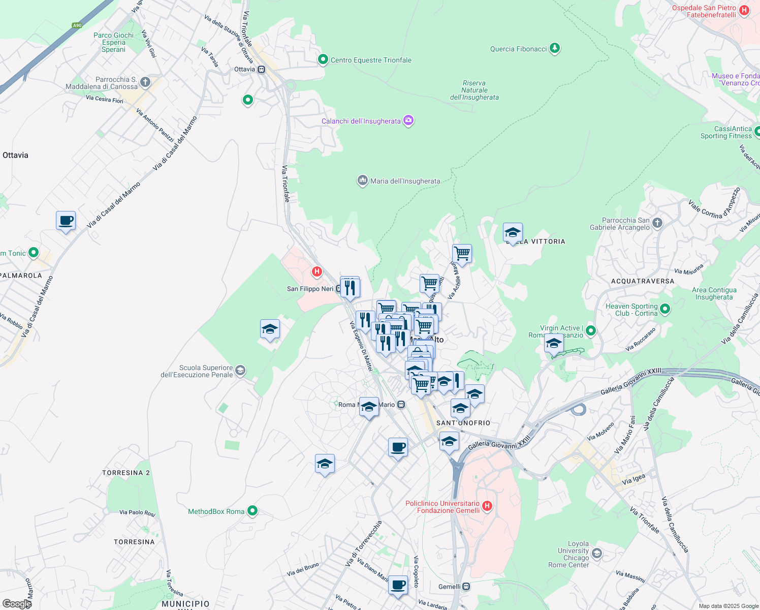map of restaurants, bars, coffee shops, grocery stores, and more near 2 Via Paolo Emilio Castagnola in Roma