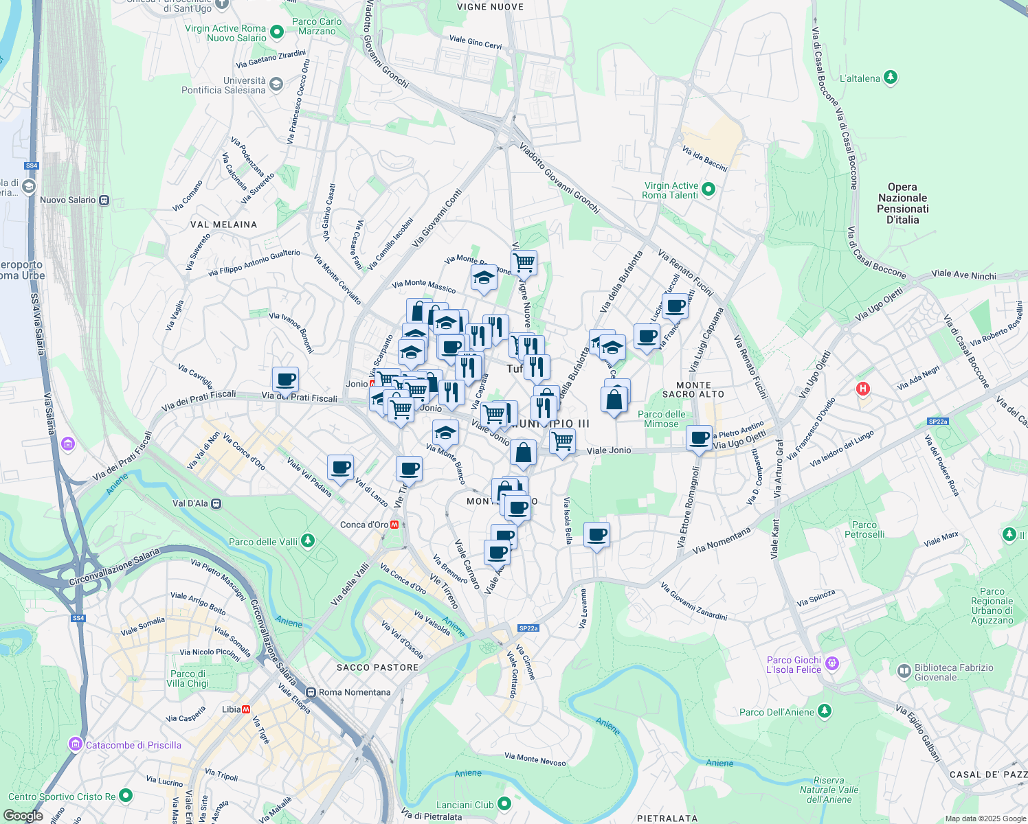 map of restaurants, bars, coffee shops, grocery stores, and more near 25 Via dei Monti Lepini in Rome