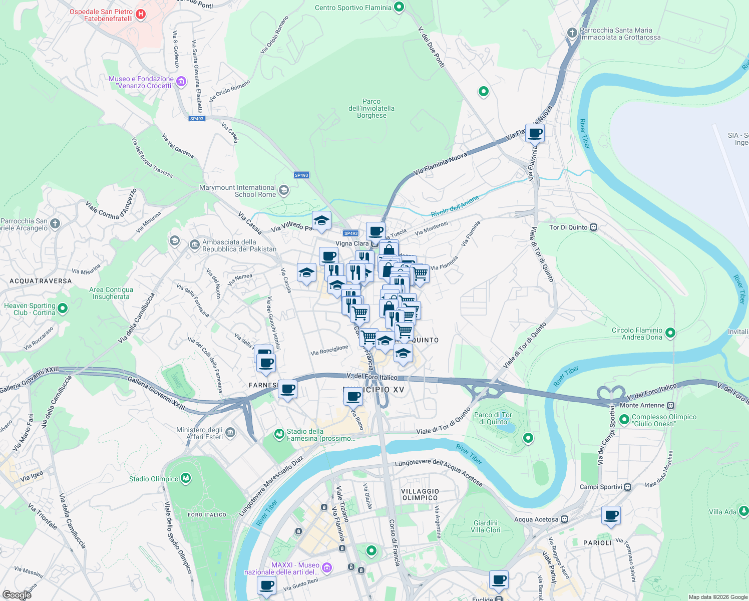 map of restaurants, bars, coffee shops, grocery stores, and more near 25 Via Francesco Borgatti in Roma