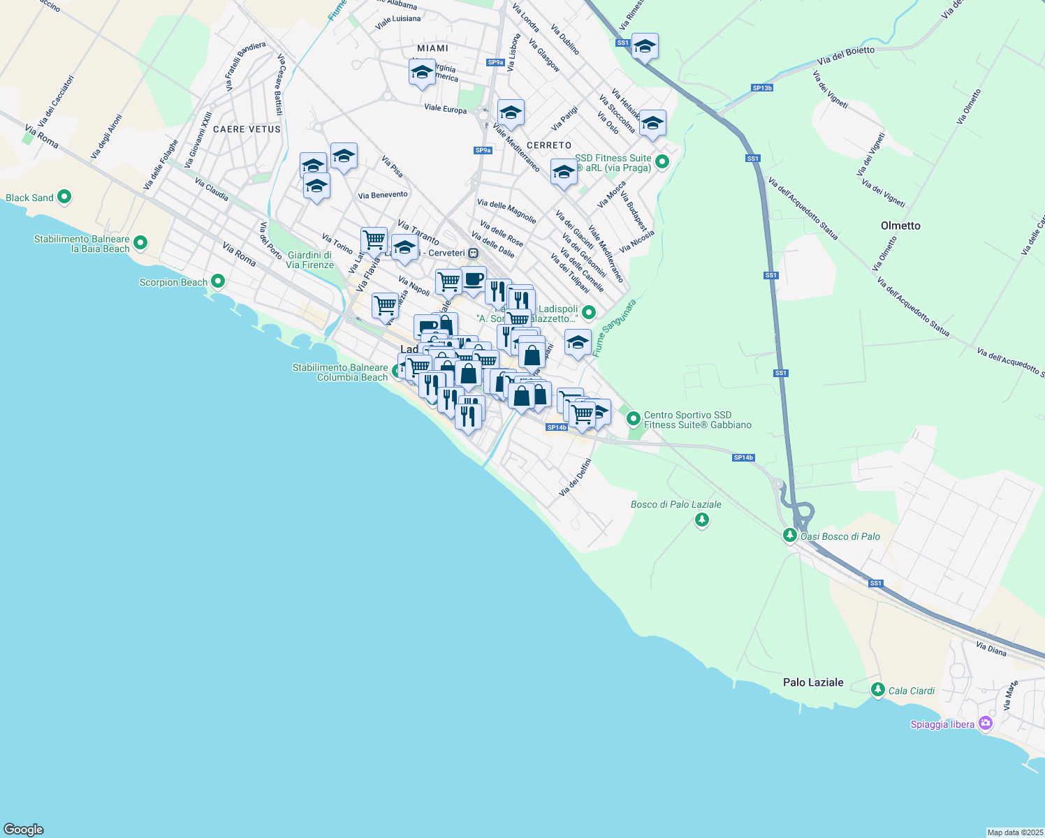 map of restaurants, bars, coffee shops, grocery stores, and more near 1 Via del Tritone in Ladispoli