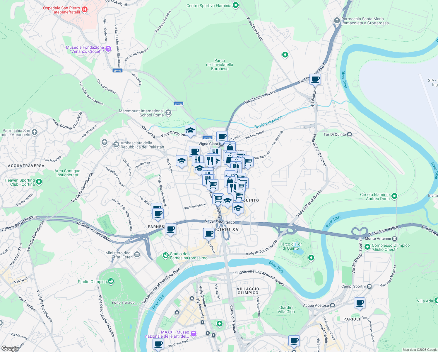 map of restaurants, bars, coffee shops, grocery stores, and more near 25 Via Francesco Borgatti in Roma