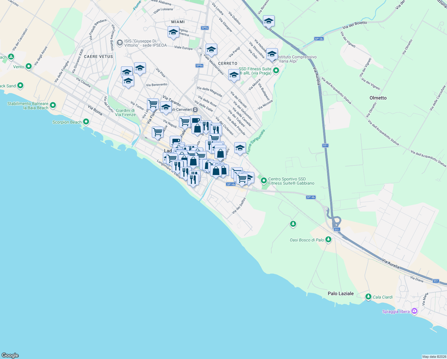 map of restaurants, bars, coffee shops, grocery stores, and more near 19 Via Palo Laziale in Ladispoli