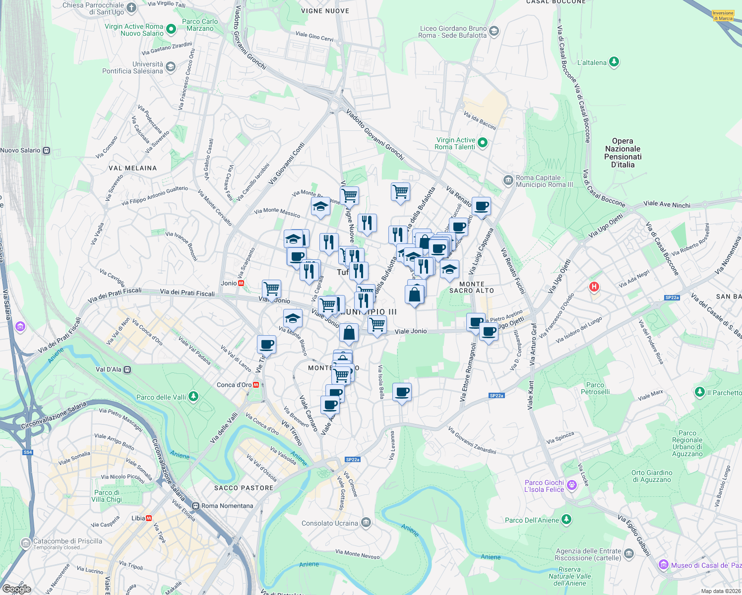 map of restaurants, bars, coffee shops, grocery stores, and more near 10 Via della Bufalotta in Roma
