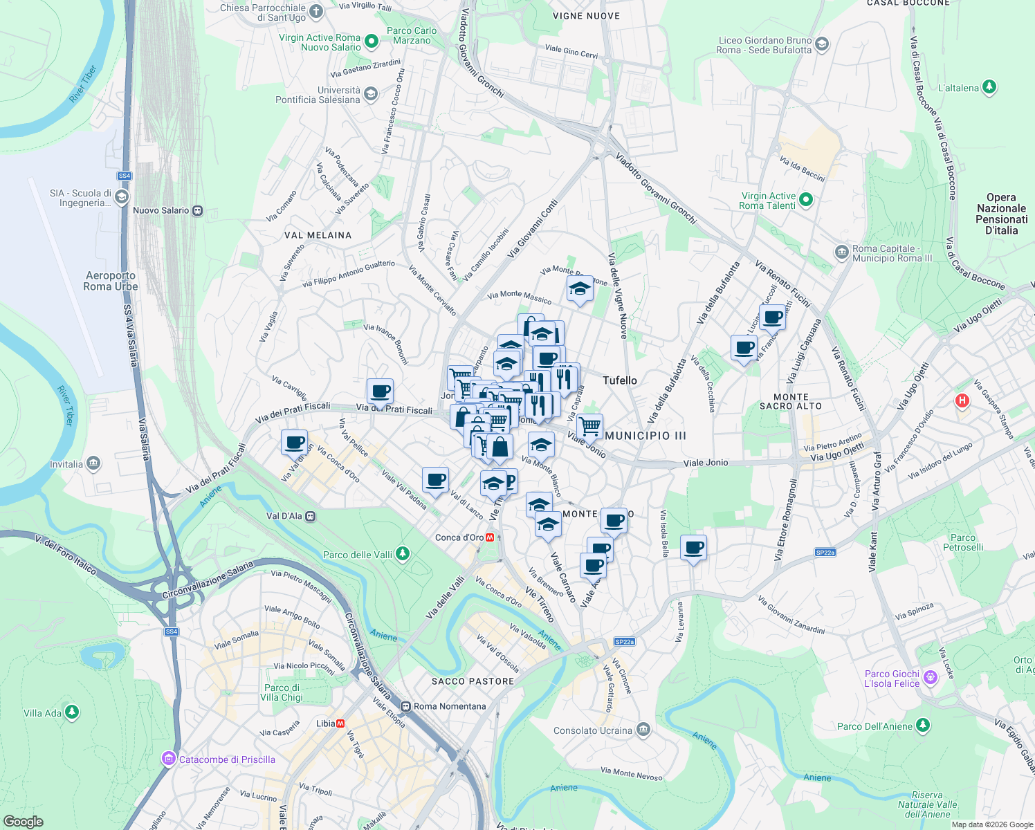 map of restaurants, bars, coffee shops, grocery stores, and more near 294 Viale Jonio in Roma