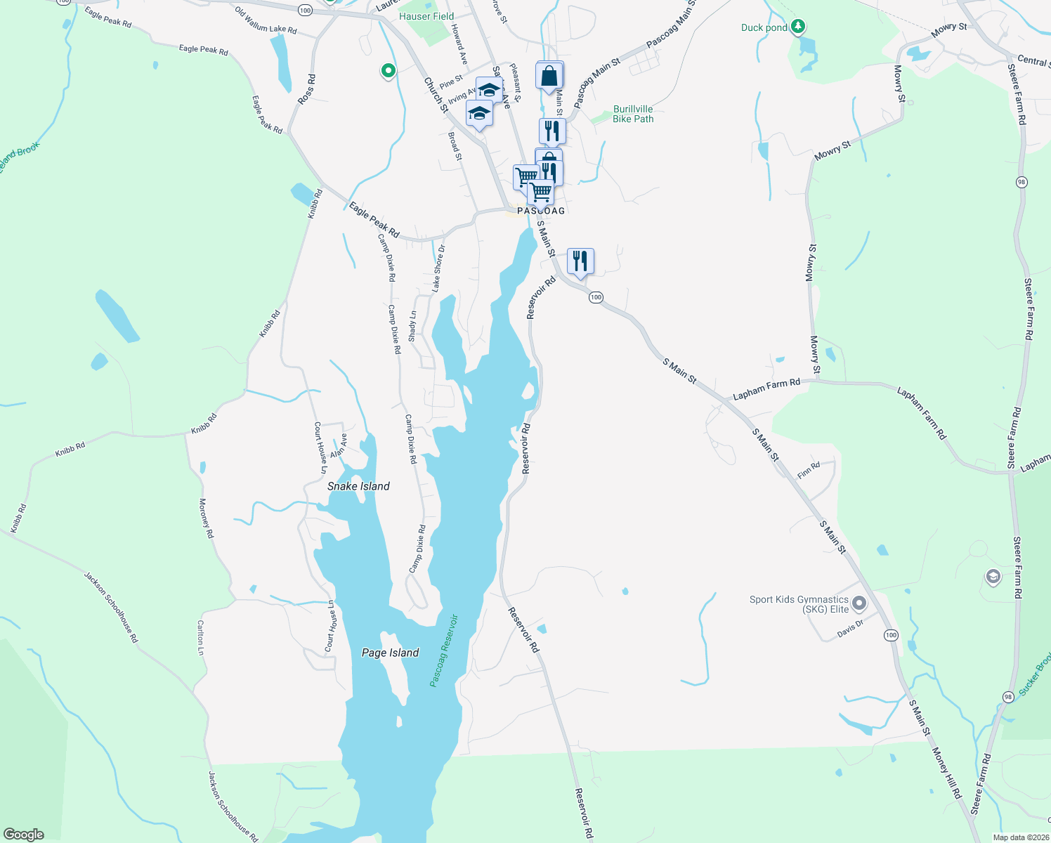 map of restaurants, bars, coffee shops, grocery stores, and more near 275 Reservoir Rd in Burrillville