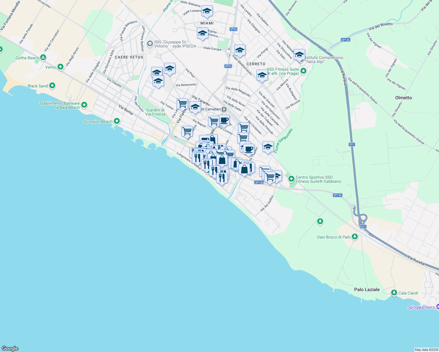 map of restaurants, bars, coffee shops, grocery stores, and more near 29 Via Lazio in Ladispoli