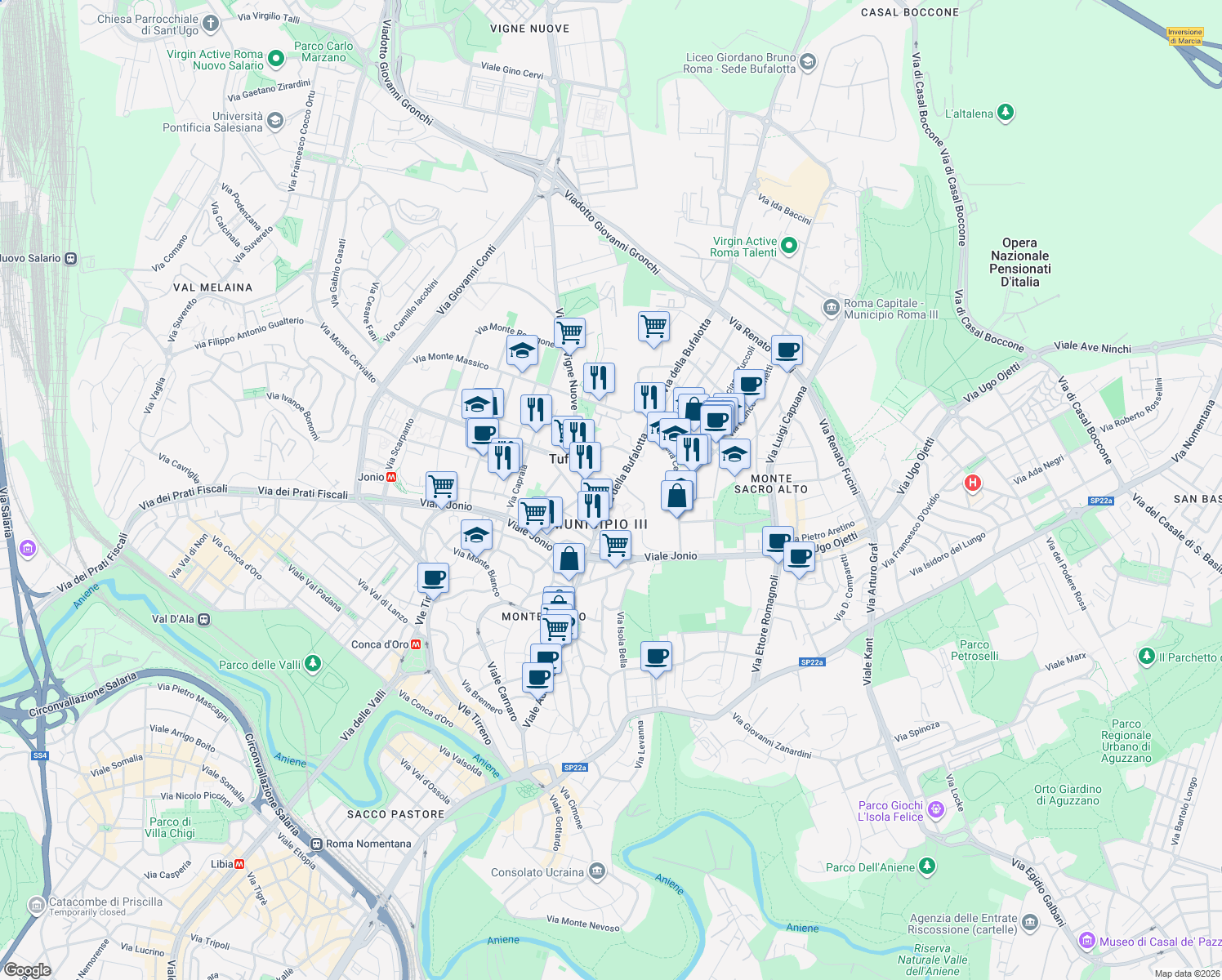 map of restaurants, bars, coffee shops, grocery stores, and more near 10 Via della Bufalotta in Roma
