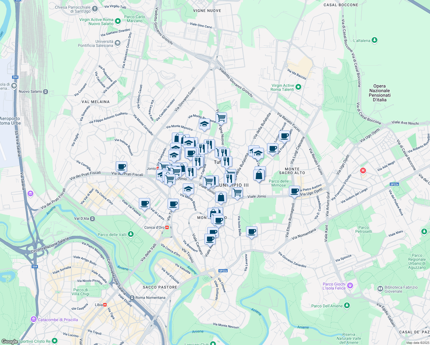 map of restaurants, bars, coffee shops, grocery stores, and more near 25 Via dei Monti Lepini in Roma